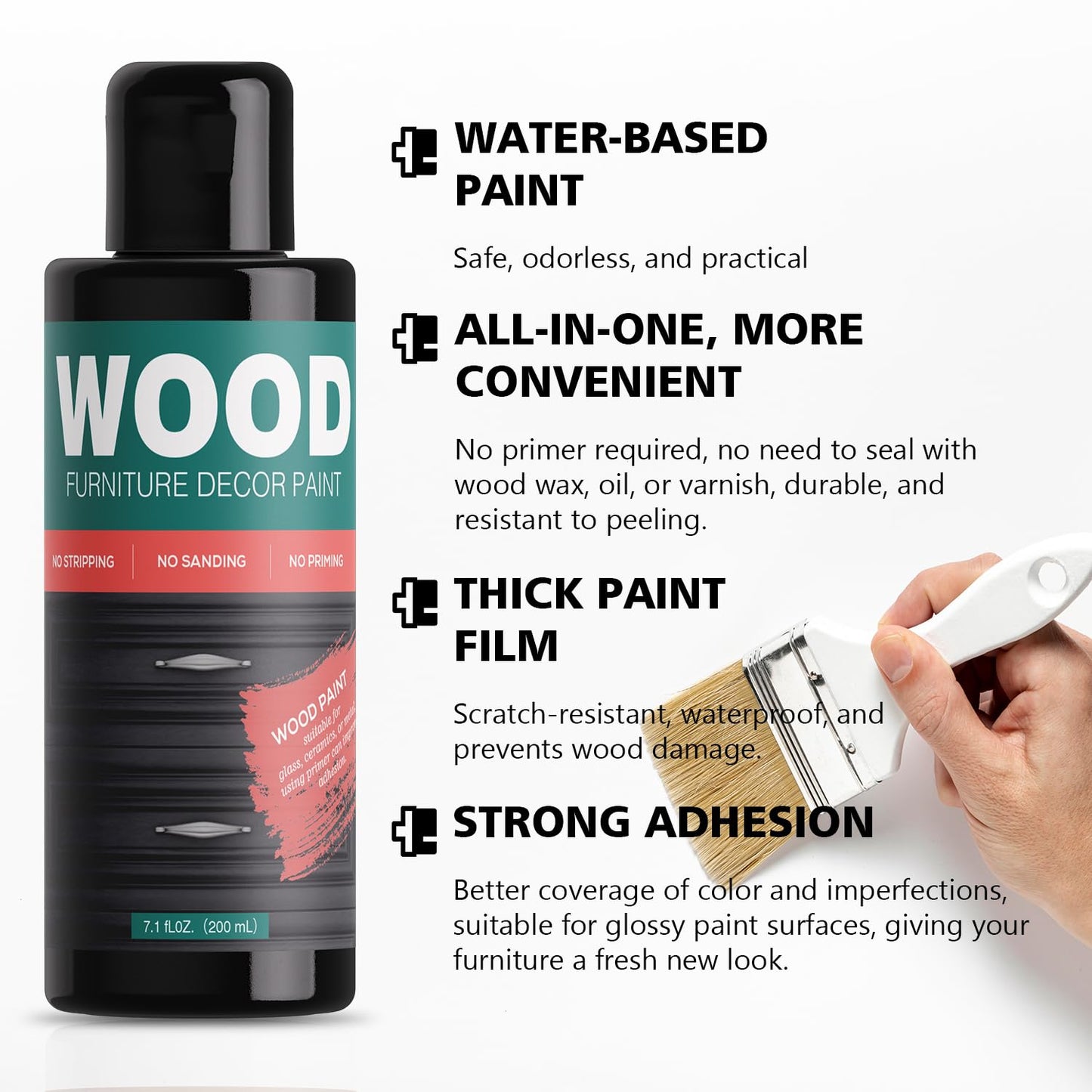 Black Wood Furniture Paint 7.1oz - Water-based & Low Odor All-in-One No Sanding - Cabinet Paint - Matte Finish Indoor Outdoor Liquid Wood for Cabinets, Doors, Tables and Dressers