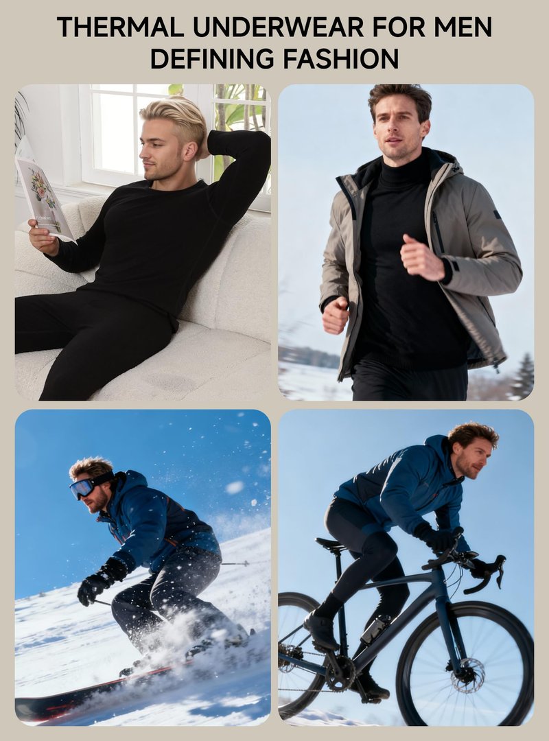 TRENDOUX Winter Thermal Clothes Set with Fleece Lined, Lightweight Wool Long Johns Thermal Shirt for Men Indoors, Skiing Base Layers Pants Mens - Black XL
