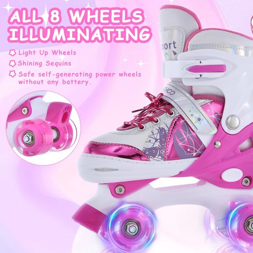 TOMSHOO Roller Skates for Girls Boys Kids 4 Sizes Adjustable Rollerskates with Light up Wheels Ages 3-5 5-8 6-12 Skating Shoes for Indoor Outdoor (Pink, Small)