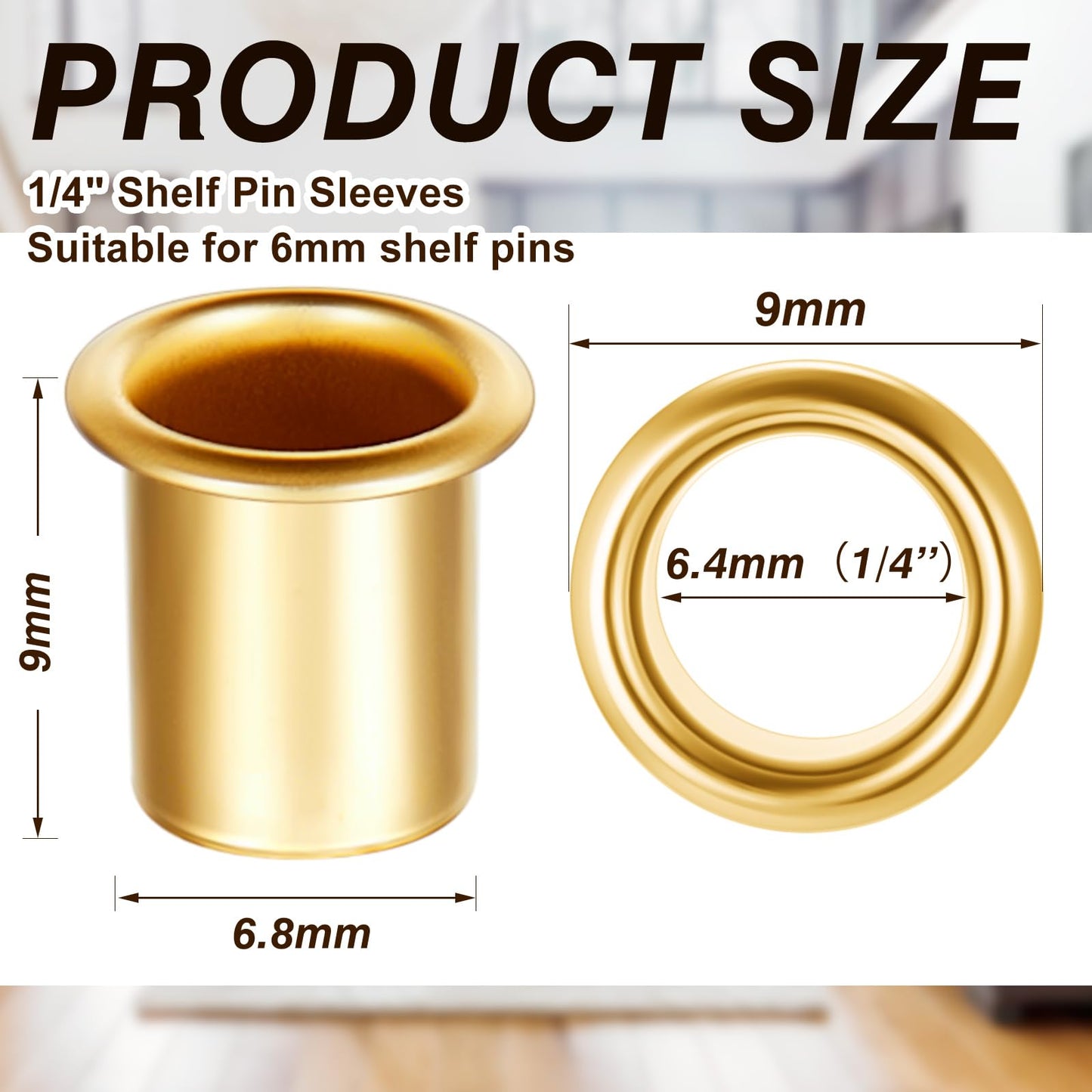 Dunzy 150 Pieces 1/4 Inch Shelf Pin Sleeves Cabinet Shelf Pins Shelve Reinforcement Grommets for Kitchen Furniture Bookshelf Shelve Support Pegs (Brass)