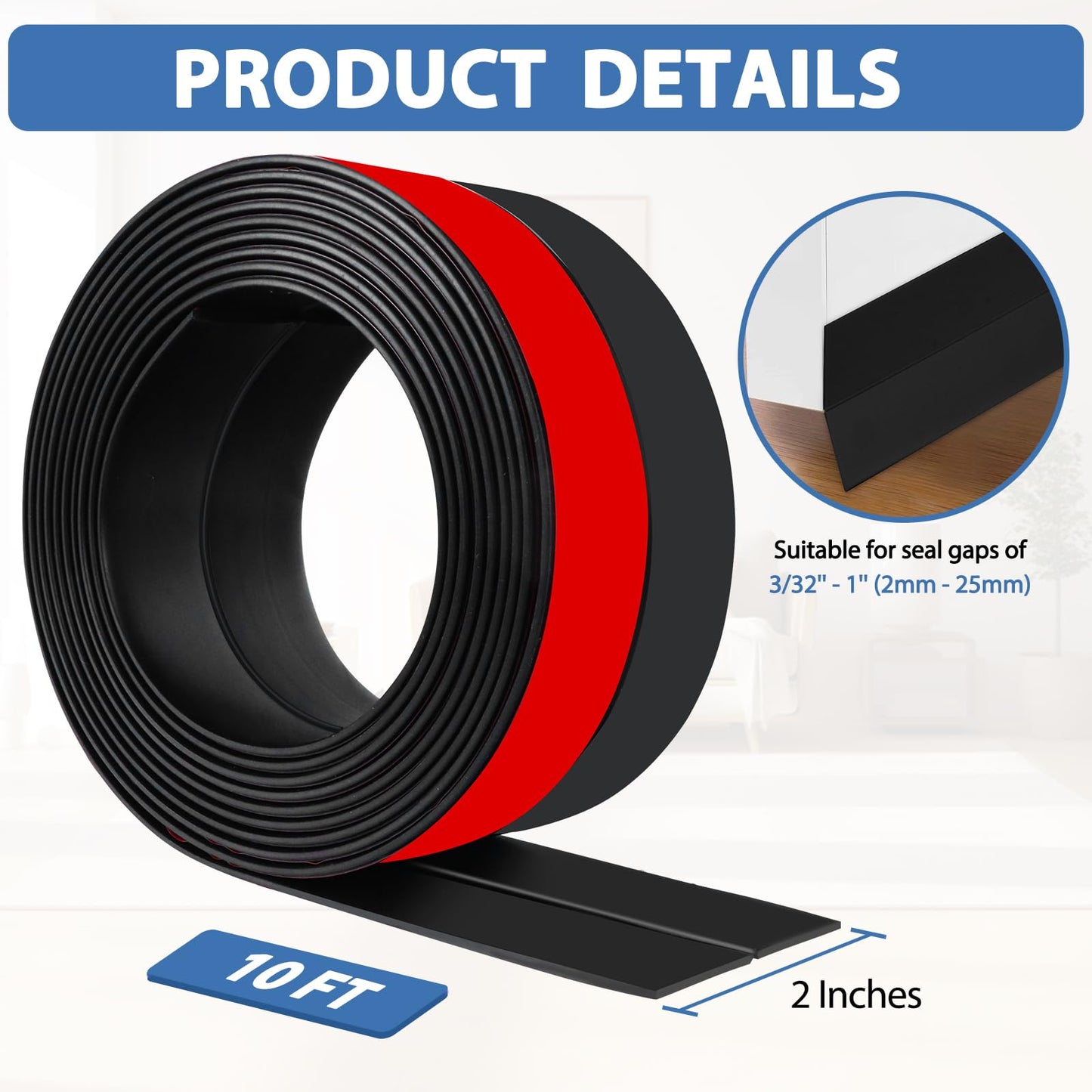 Weather Stripping Door Draft Stopper Flexible Self Adhesive Silicone Door Seal Strip for Glass Doors Windows and Shower Glass Gaps, 2 Inch Wide X 10 Feet Long, Black