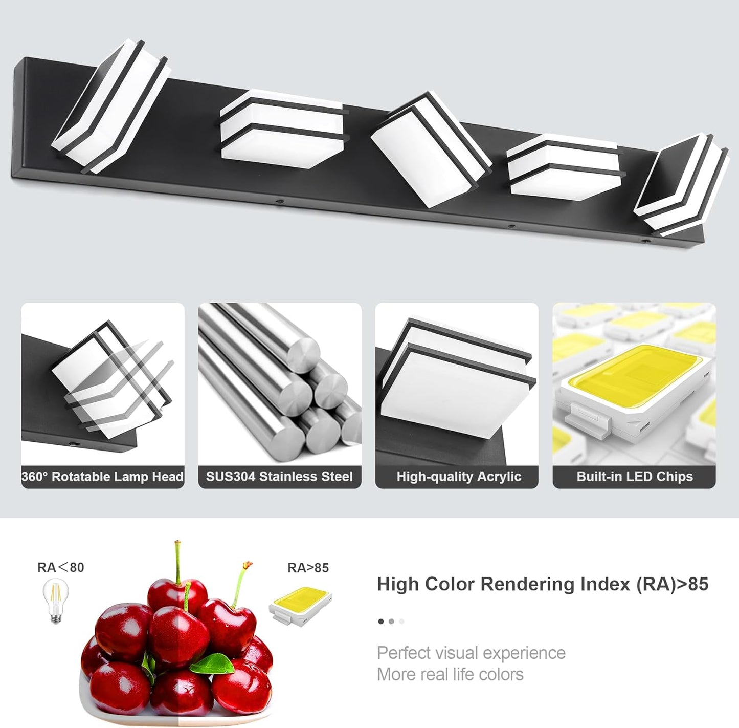 LED Chrome 3-Light Dimmable Bathroom Vanity Light Fixture - Modern Acrylic & Stainless Steel Over Mirror Lighting