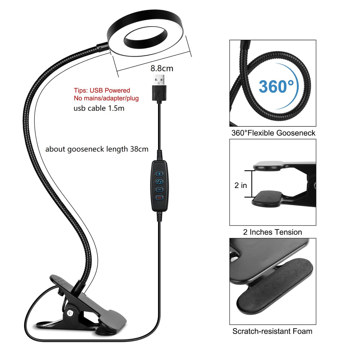 Woputne Desk Clip on Lamp for Reading Home Office, 10 Dimmable Brightness 3 Modes, Clamp Light for Bed Headboard