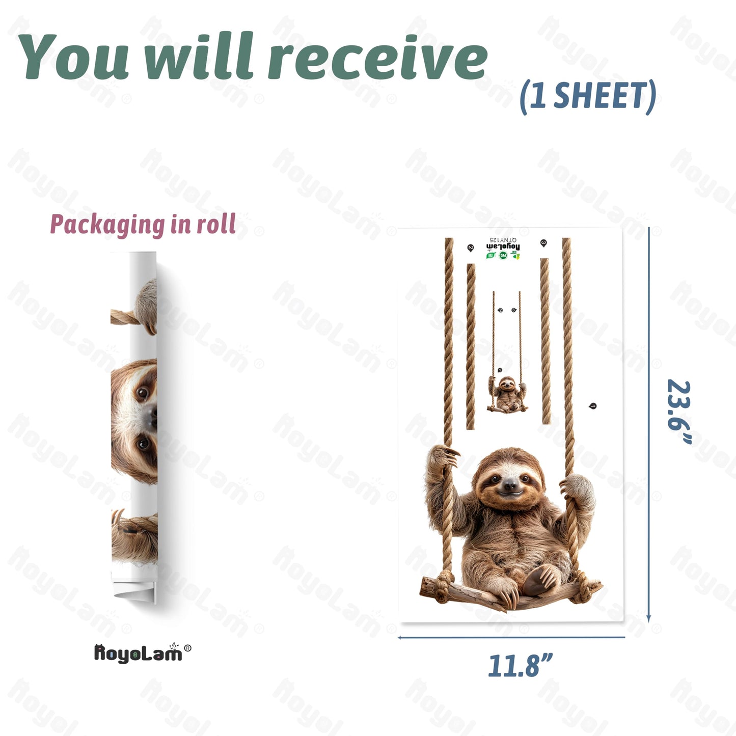 RoyoLam Lifelike Sloth on The Swing Wall Decal Nursery Animal Wall Sticker Removable Peel and Stick Wall Art Decor for Kid Baby Classroom Preschool Living Room Playroom Bedroom School