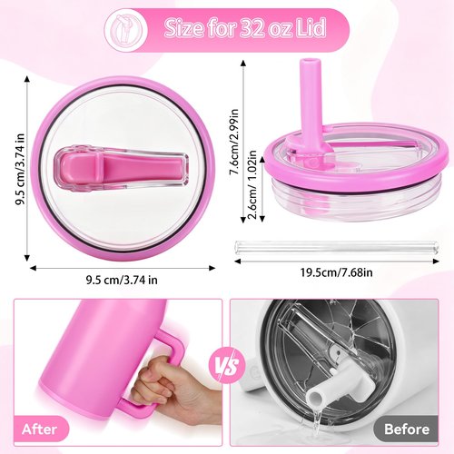 32oz Flip Straw Lid for HydroJug Traveler, Leak Proof Top Cap Replacement for HydroJug Tumbler, BPA-Free Dishwasher Safe Leak Resistant Cap with 4 Straws, Lids Accessories for Hydro Jug, Purplepink*2