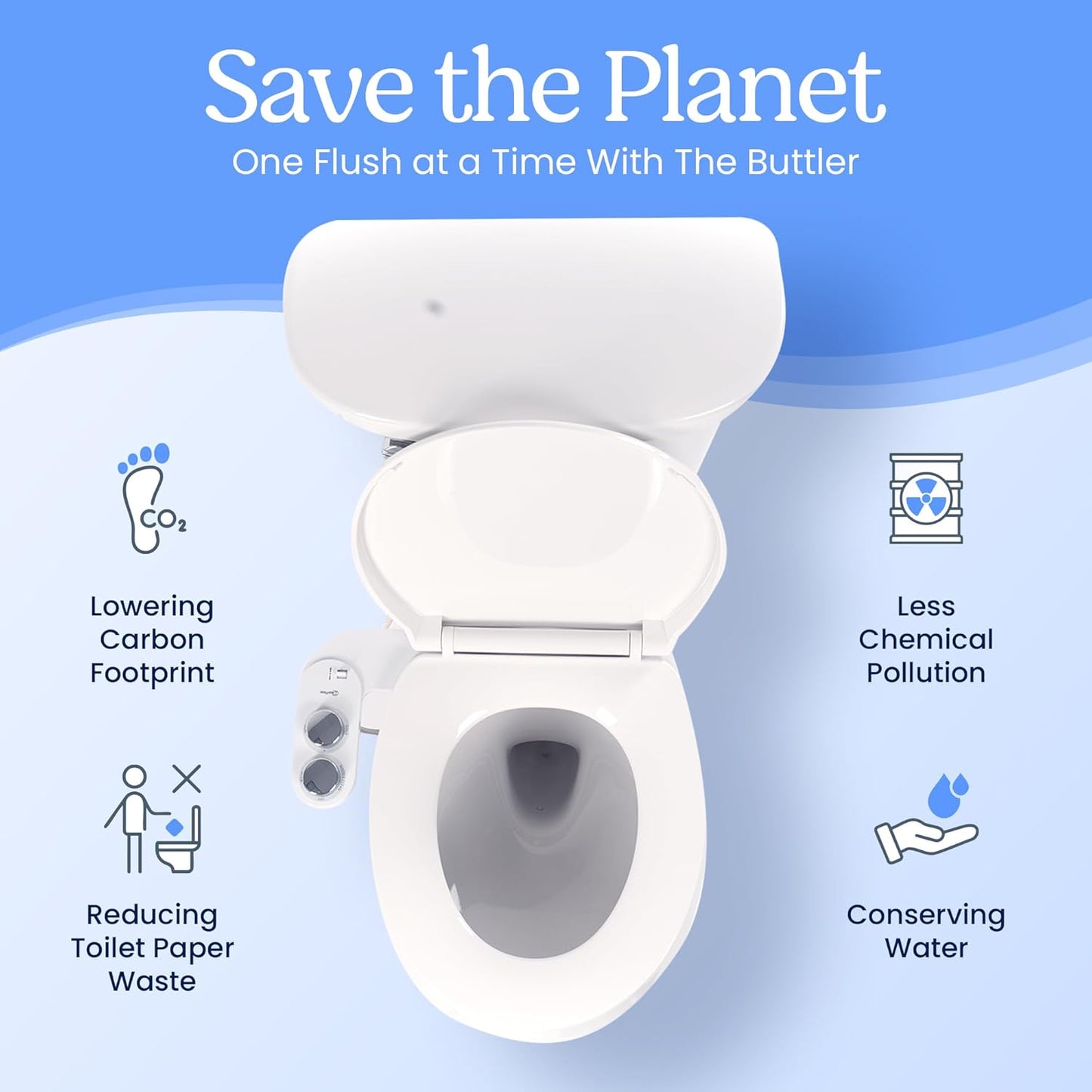 Non-Electric CLEAR REAR Bidet Attachment for Toilet - Self-Cleaning Dual Nozzle, Adjustable Pressure, White