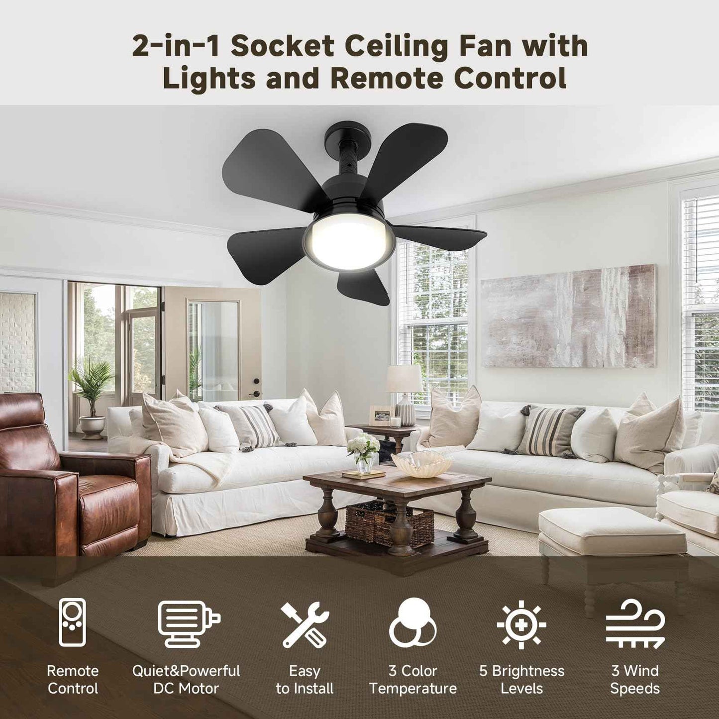 MOTCTQVD Ceiling Fan light with Remote, 5 Brightness Dimmable Ceiling Fans with Lights, 3000K-6000K Quiet 3-Speed Bedroom Ceiling Fans for Garage Living Room