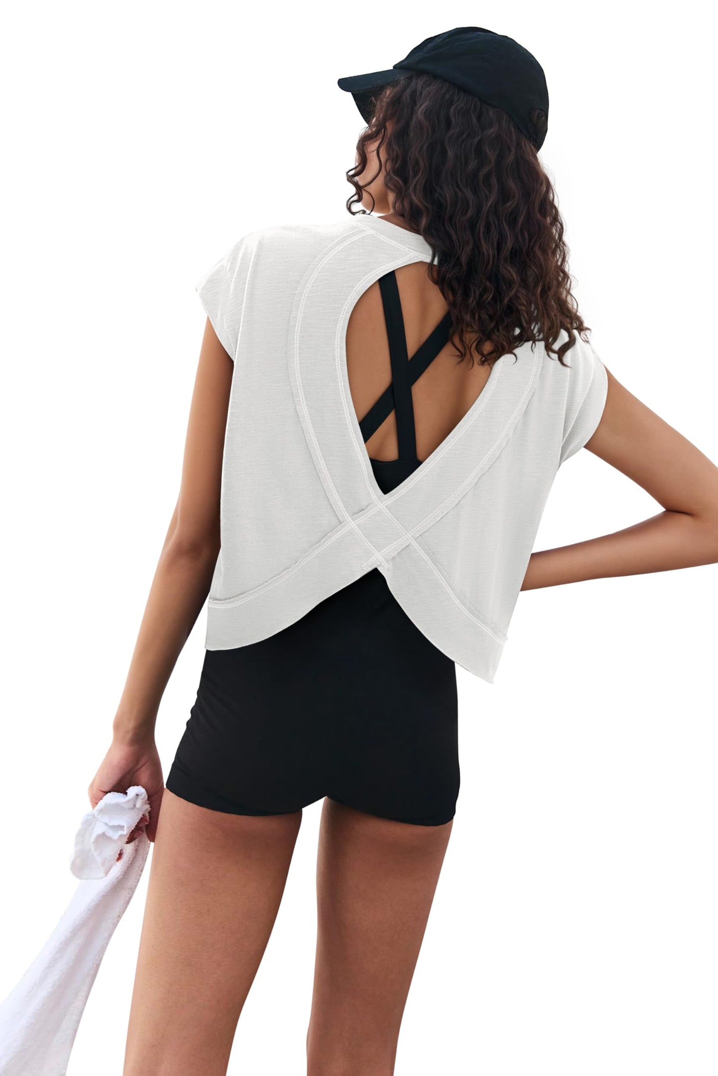 LASLULU Womens Open Back Workout Tops White Short Sleeve Crop Tank Tops 2026 Summer T-Shirts Loose Athletic Yoga Pilates Exercise Running Gym Shirts(White, Small)