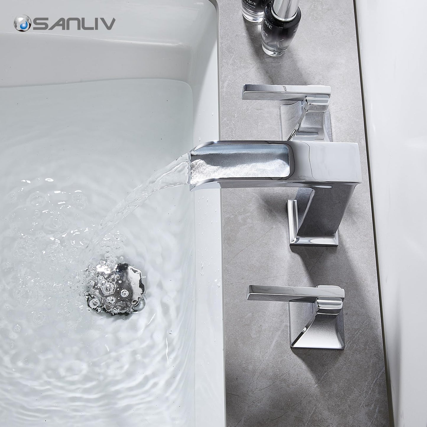 Chrome Bathroom Sink Faucet,Sanliv 3-Piece Widespread Bathroom Faucets for 3-Hole Sinks 4-8 inch,2-Handle Waterfall Vanity Faucet with Drain Assembly,Polished Chrome