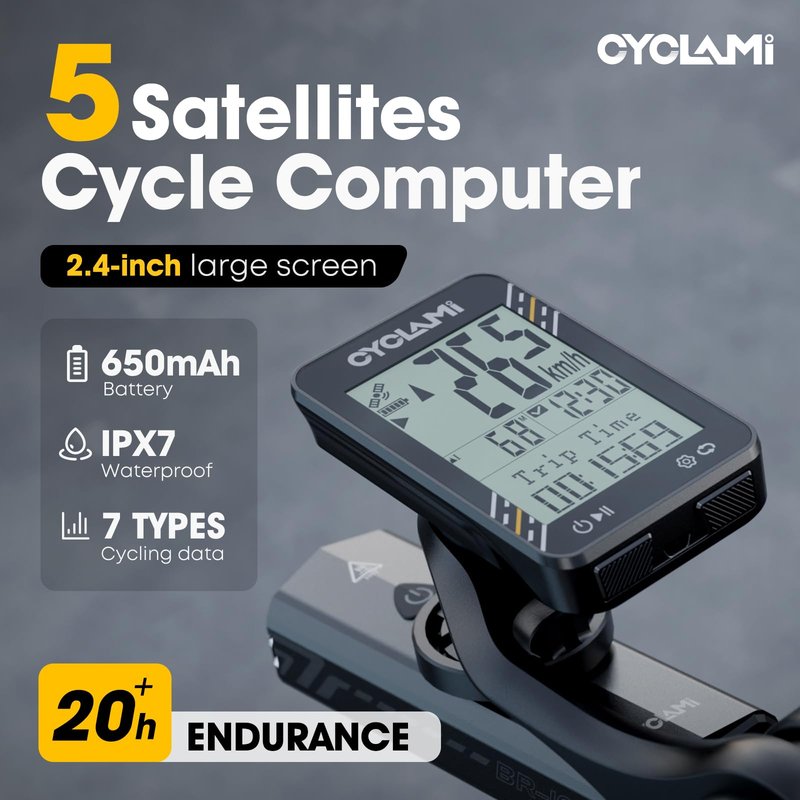 CYCLAMI Bike Computer Wireless - 5-Satellite GPS Cycling Speedometer | 2.4" Sun-Readable Screen | 50g Ultralight | 20+H Battery IPX7 Waterproof Bicycle GPS for Road/MTB Bikes