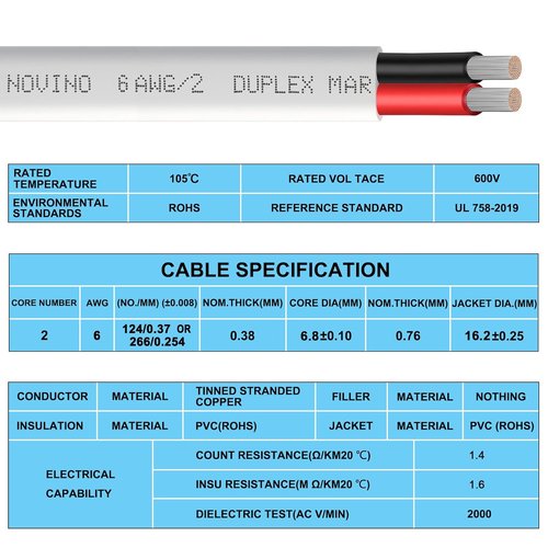 Marine Grade 6 AWG Duplex Wire - 50ft Tinned Copper Electrical Cable for Boats & RVs