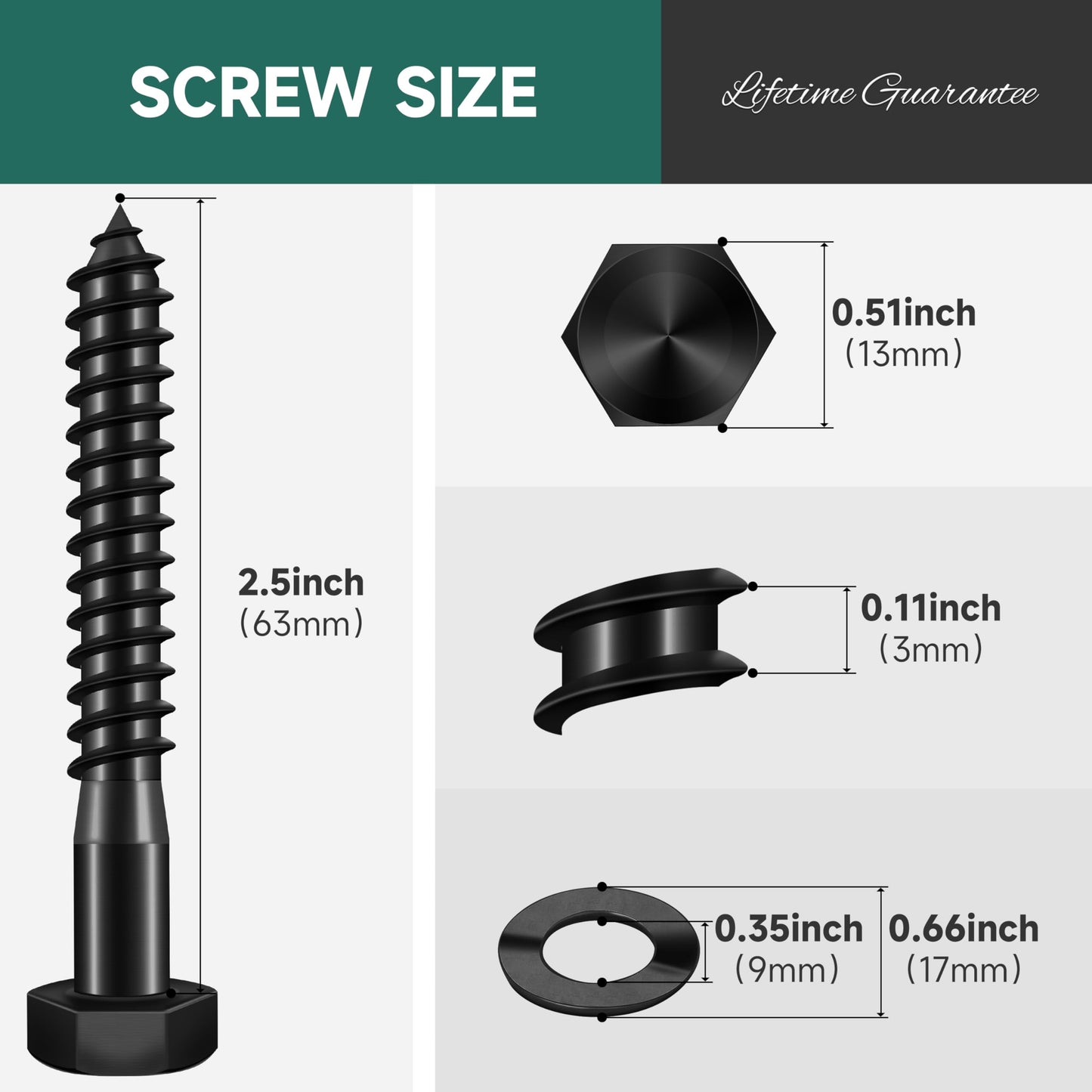 EASTPUK (12Sets) 5/16" x 2-1/2" Hex Head Lag Bolts, Heavy Duty Lag Screws with Washers, 304 Stainless Steel, 5/16 Bolt for Wood, Partial Thread, Black Oxide