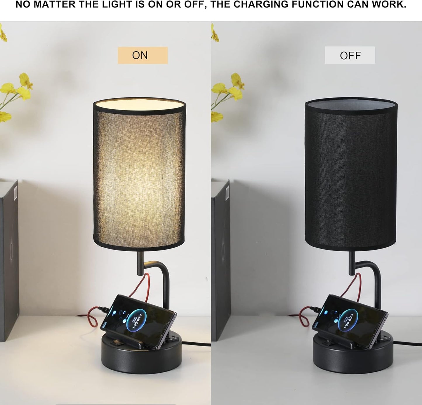 Modern Table Lamp with 3 USB Ports & AC Outlet - Set of 2 Bedside Desk Lamps in Silver