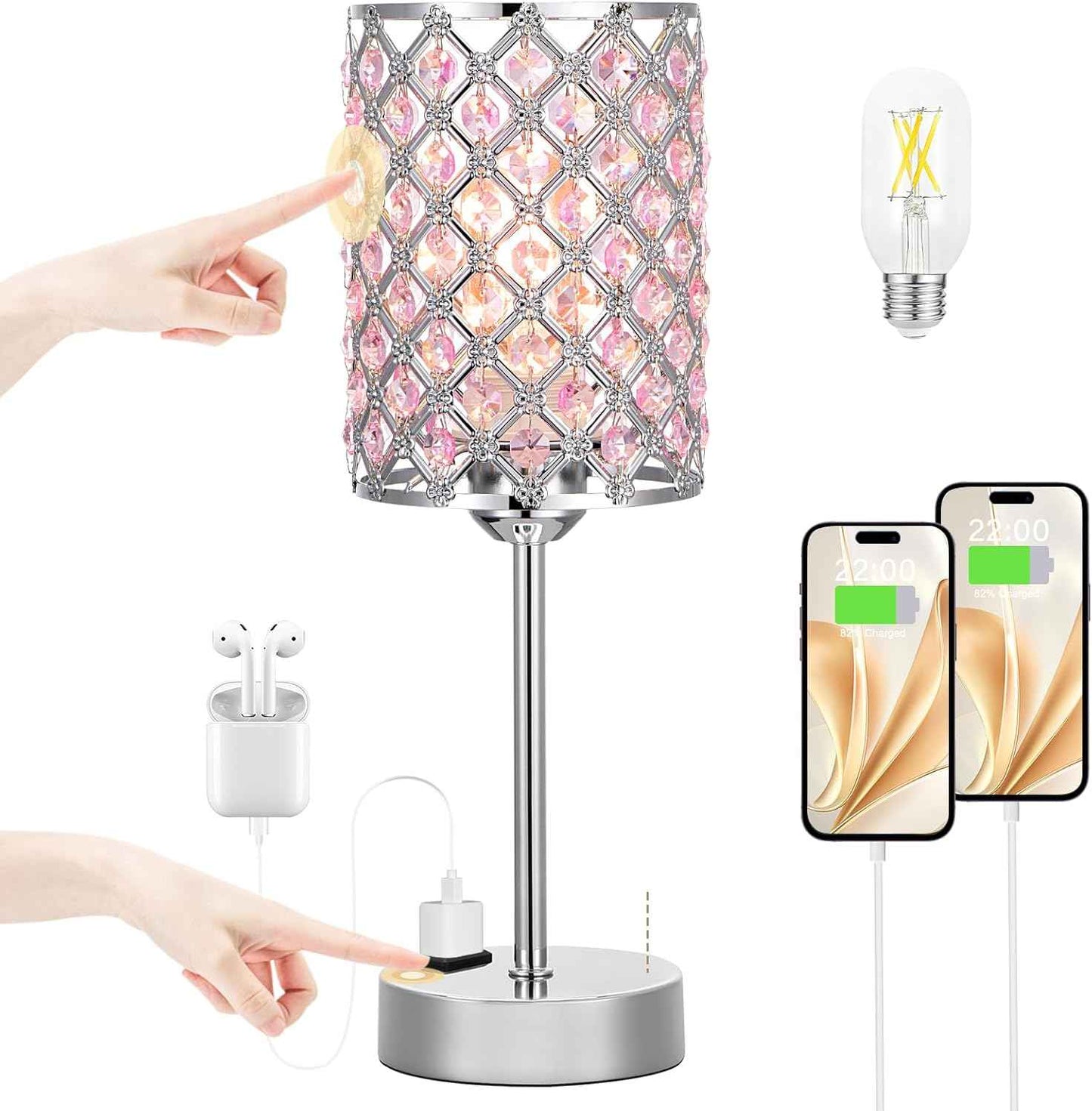 Dimmable Touch Control Crystal Table Lamp Set of 2 with USB-C & AC Ports - Elegant Nightstand Lighting for Bedroom & Living Room
