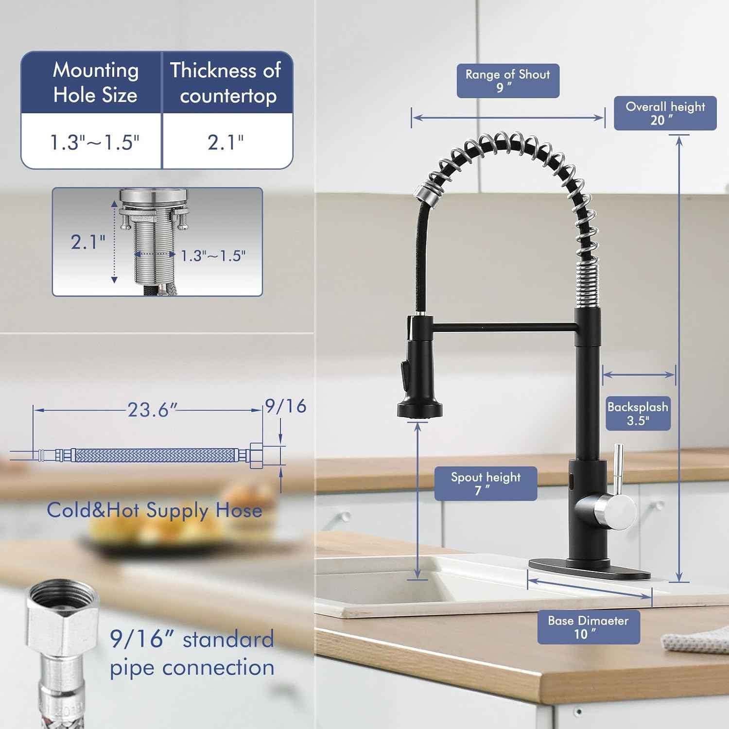 Matte Black Kitchen Faucet with Soap Dispenser - Commercial Single Handle Pull Down Sprayer