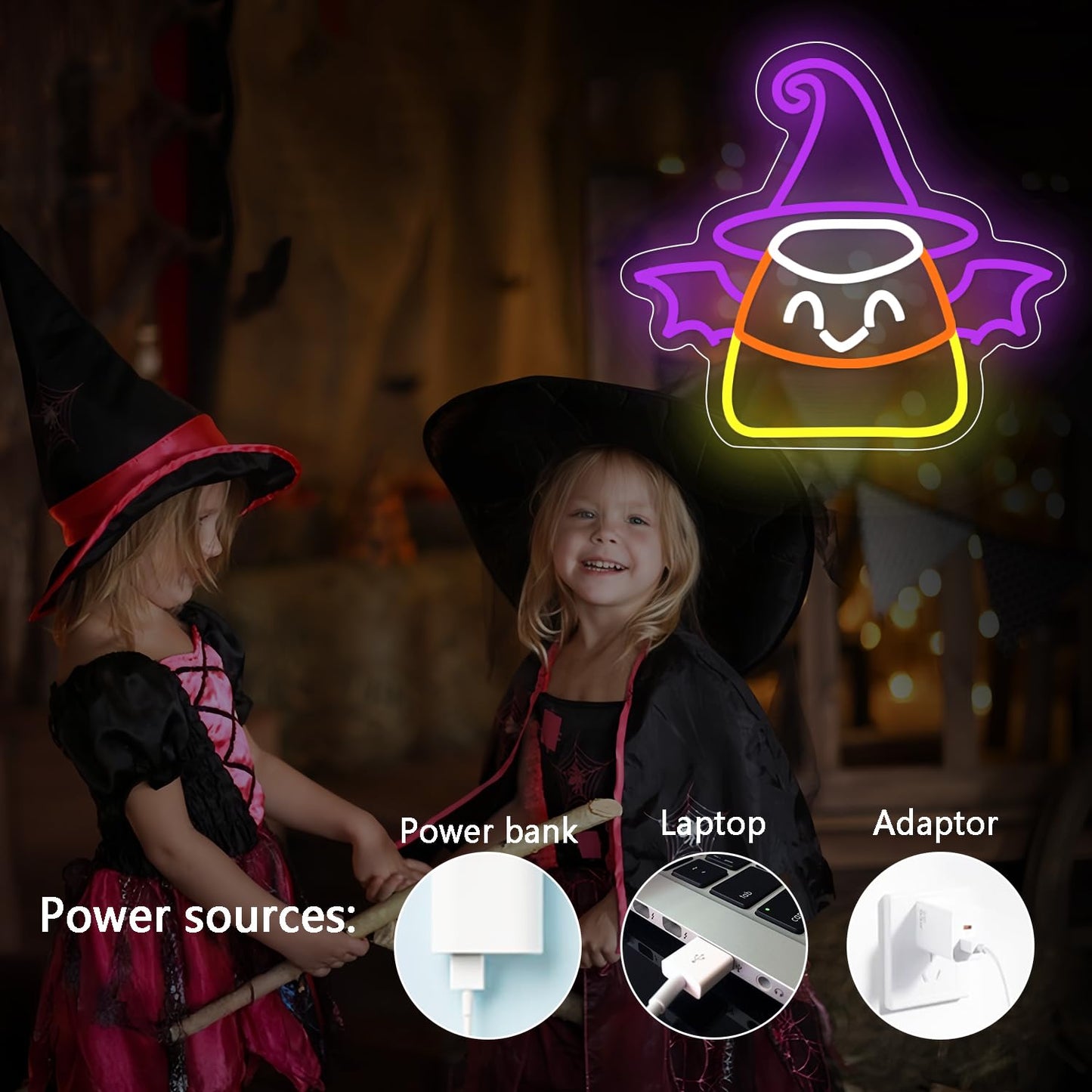 Halloween Neon Sign for Wall Decor Bat Led Sign Dimmable Candy Corn Neon Sign Witch Neon Light Up Sign Halloween Bedroom Kids Room Bar Horror Man Cave Game Room