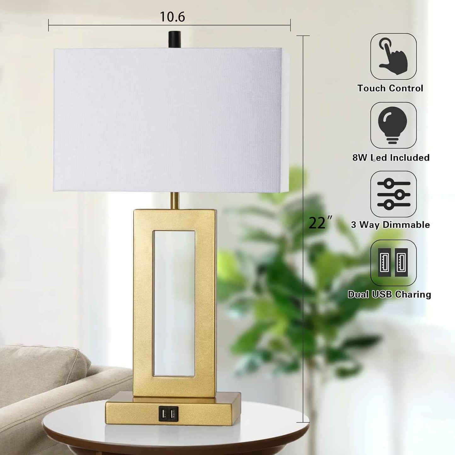 Gold Table Lamps Set of 2 - 3-Way Dimmable Touch Control with USB Ports, 22” Modern Design for Bedroom & Living Room