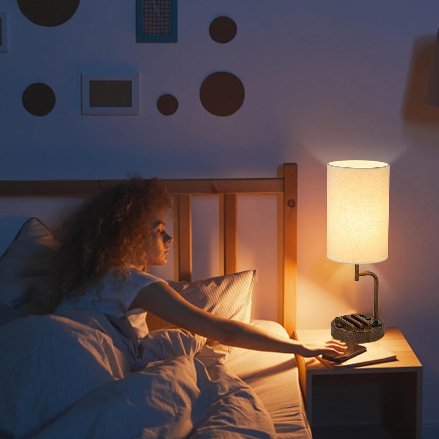 Modern Table Lamp with 3 USB Ports & AC Outlet - Set of 2 Bedside Desk Lamps in Silver