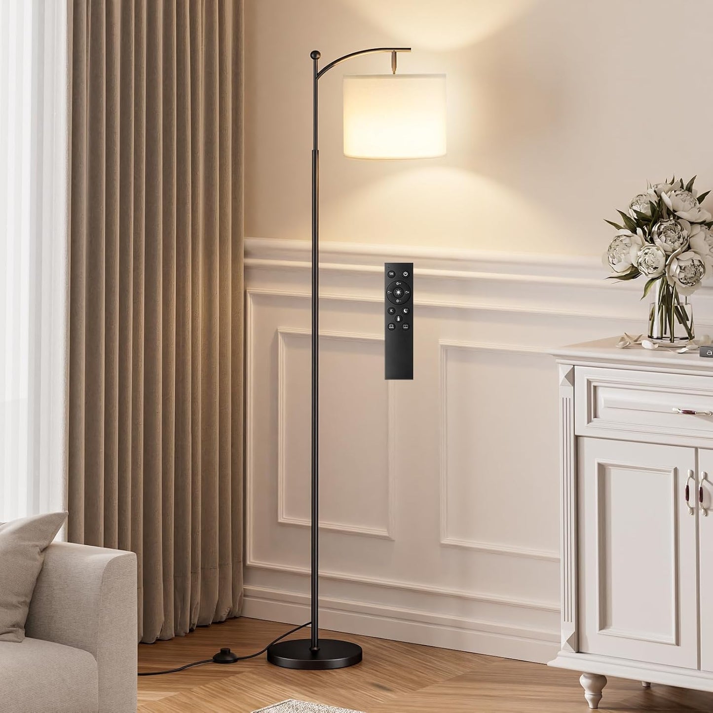 Modern 60" Floor Lamp with Remote Control & Dimmable LED Bulb - Beige Shade, Adjustable Brightness for Living Room