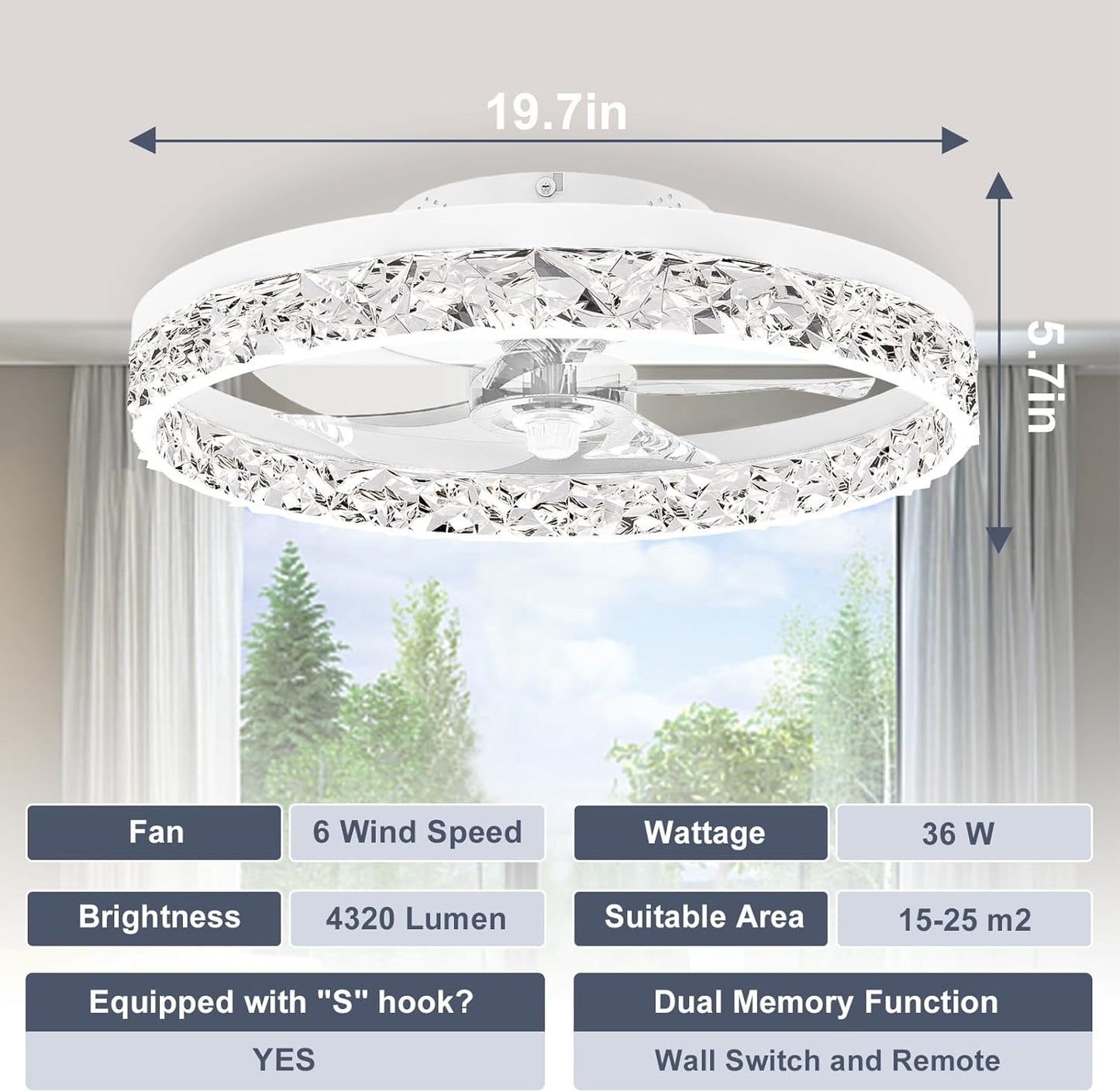 Modern Bladeless Ceiling Fan with Light & Remote - 15.7in Low Profile Fandelier, Dimmable 3000K-6500K for Bedroom