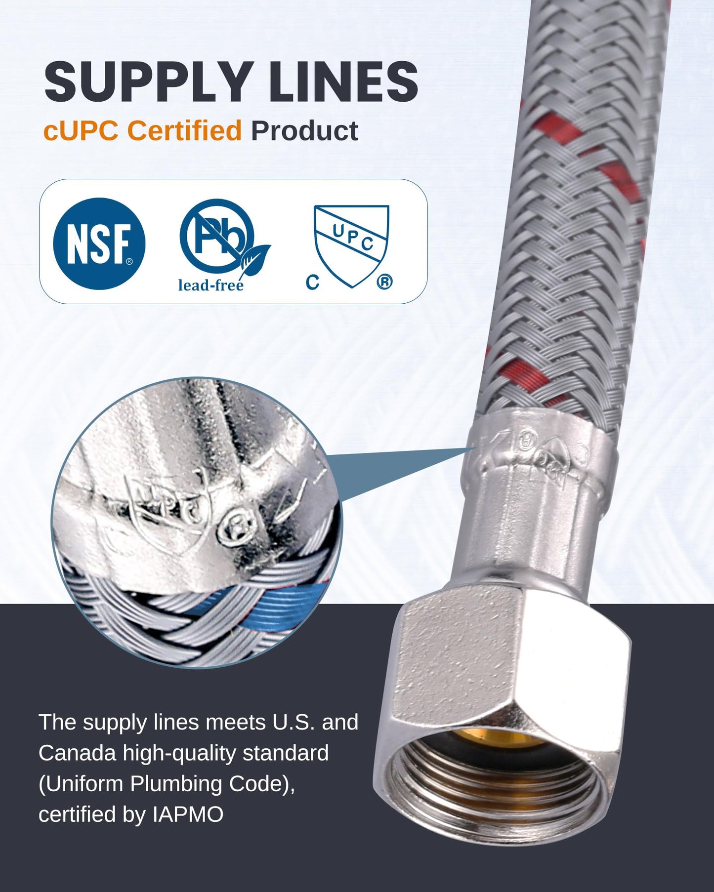 Faucet Supply Lines:WOWOW 16" Length Bathroom Kitchen Faucet Sink Hose with 3/8" Female Compression Thread x M8 Male Connector, Braided Nylon cUPC Water Supply Line 2PCS