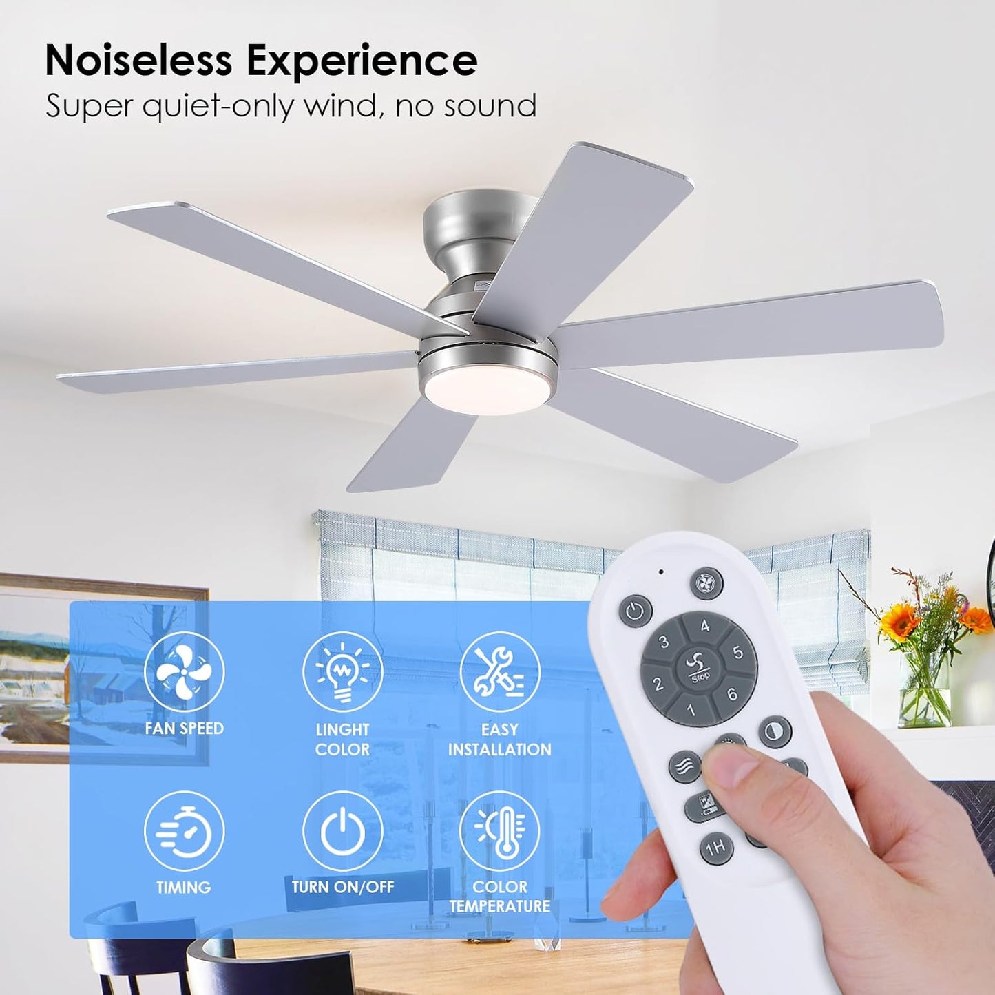 46” Black Low Profile Ceiling Fan with Lights & Remote Control - Dimmable, Noiseless, Reversible for Bedroom