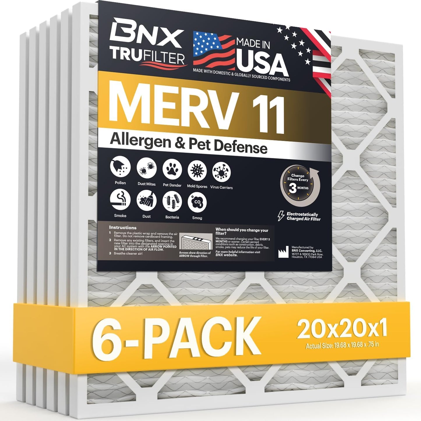 BNX TruFilter 12x12x1 MERV 8 Air Filters (6-Pack) - USA-Made Dust & Pet Defense for HVAC