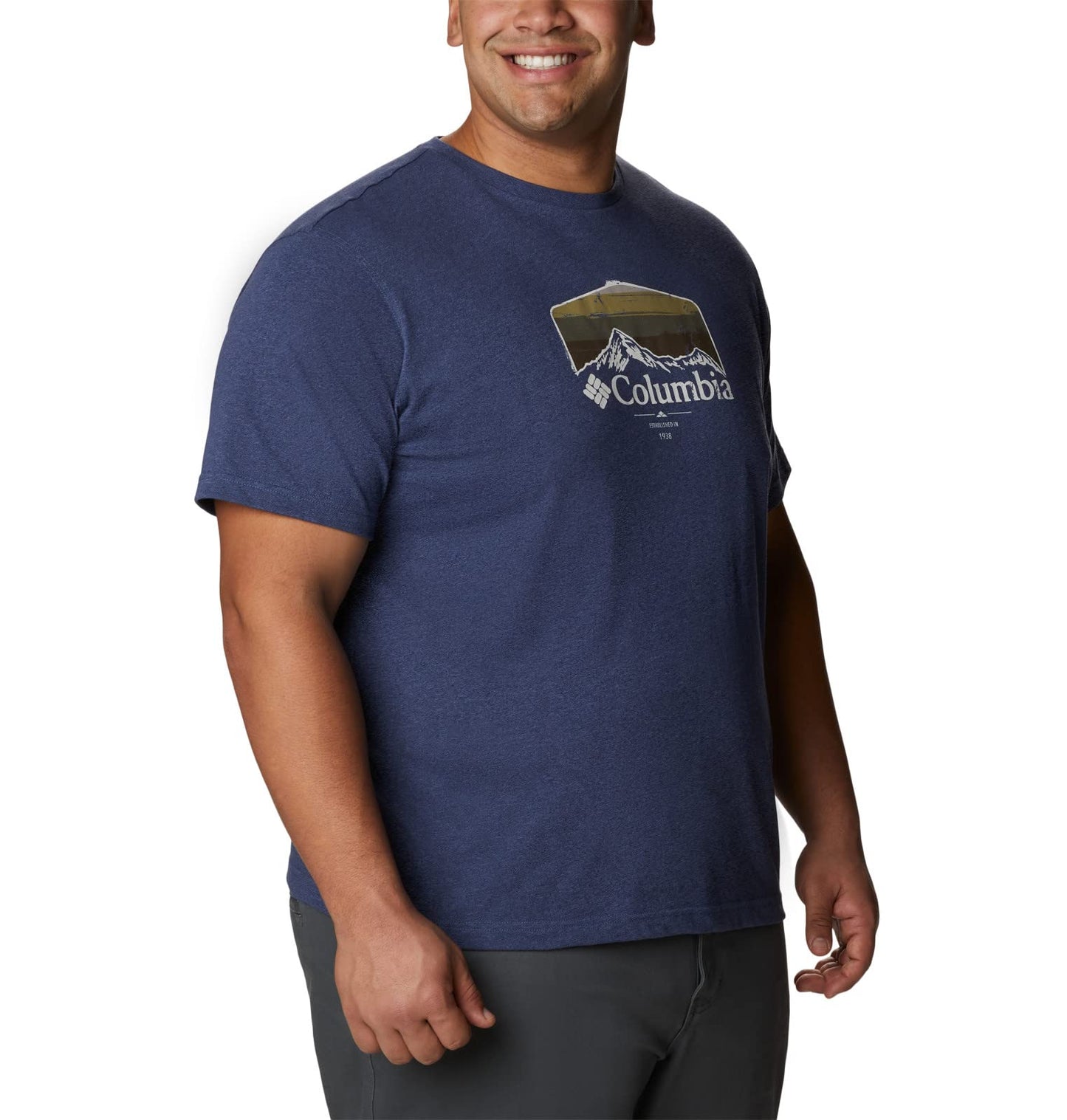 Columbia Men's Thistletown Hills Graphic Short Sleeve, Dark Mountain Heather/Hikers Graphic, 4X Big