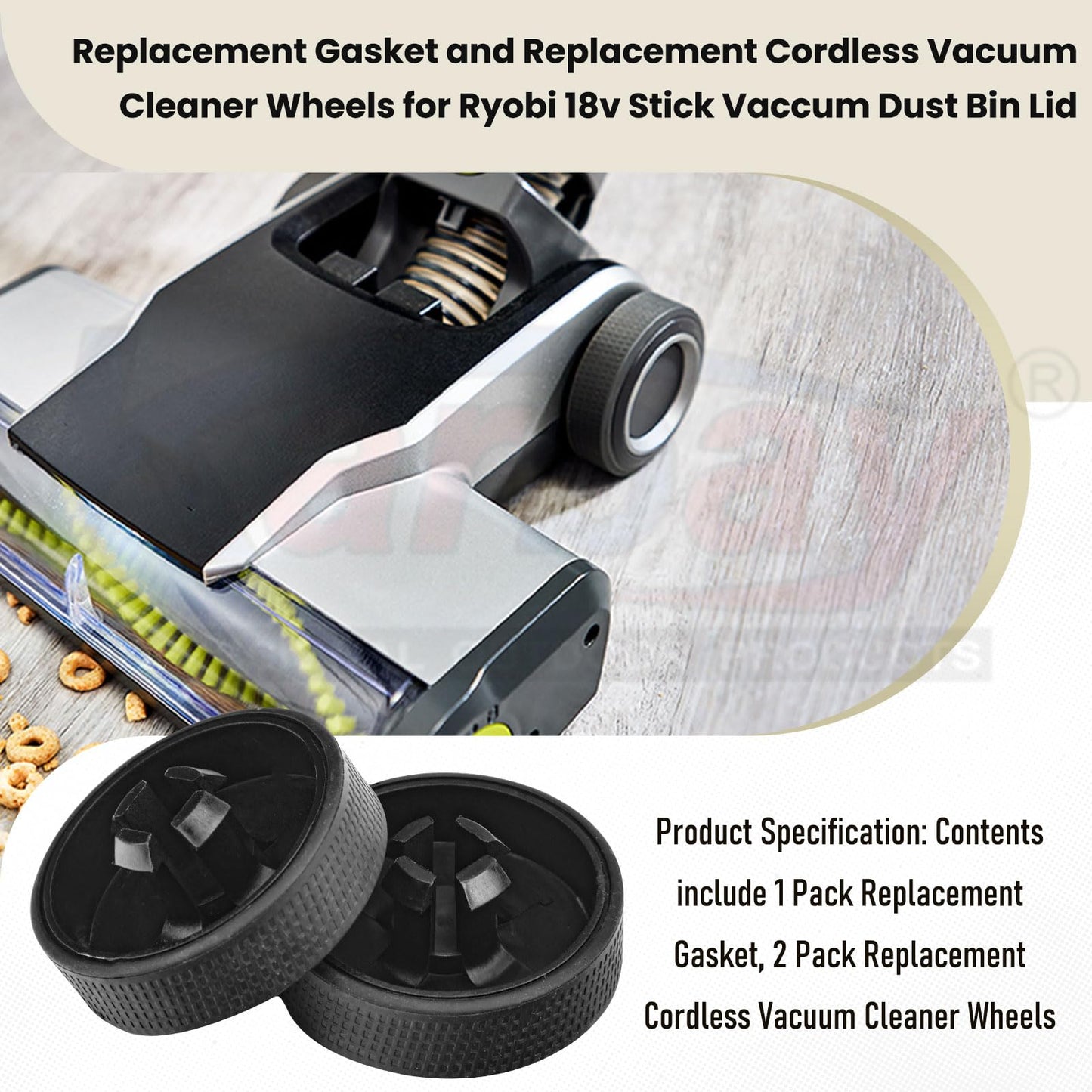 2 Sets of Upgraded Replacement Wheel and Gasket for Ryobi 18v Cordless Stick Vac PCL720B, PCL720K, PBLSV716B, PBLSV716K, PBLSV717B, PBLSV717K Cordless Vacuum Cleaner - Silicone Replacement Wheels