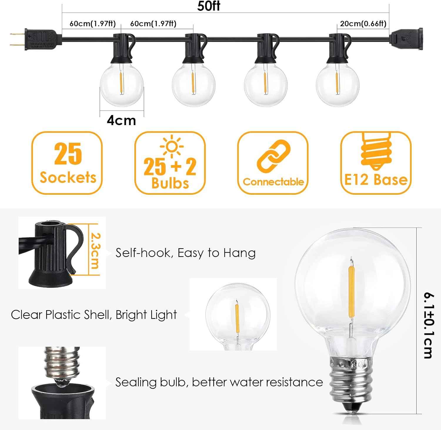 Outdoor String Lights 100FT - G40 Globe Patio Lights with 54 Waterproof LED Bulbs - Black Wire