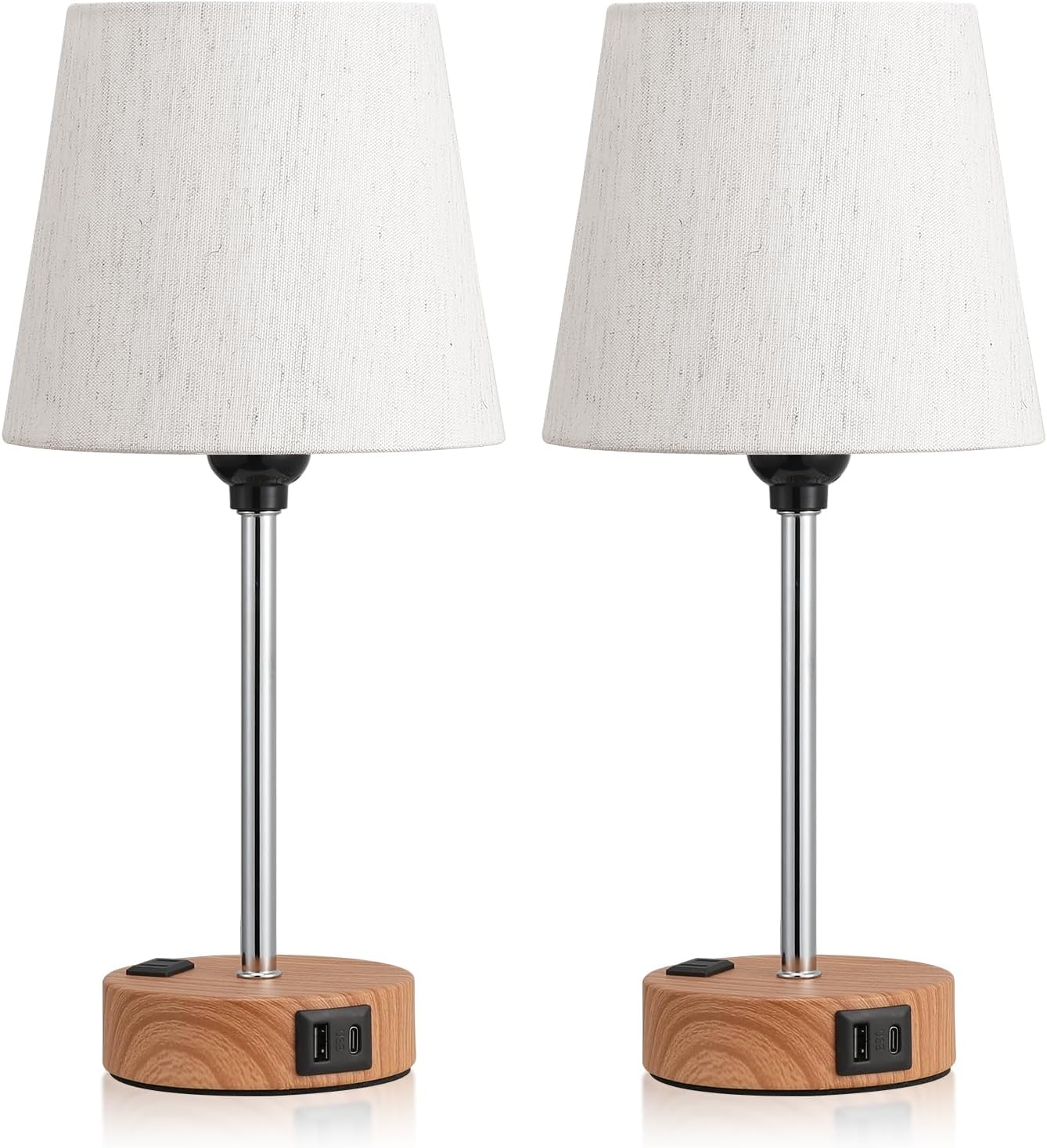 Set of 2 Mini Bedside Lamps with USB-C & AC Outlet - Dimmable Touch Nightstand Lights for Bedrooms