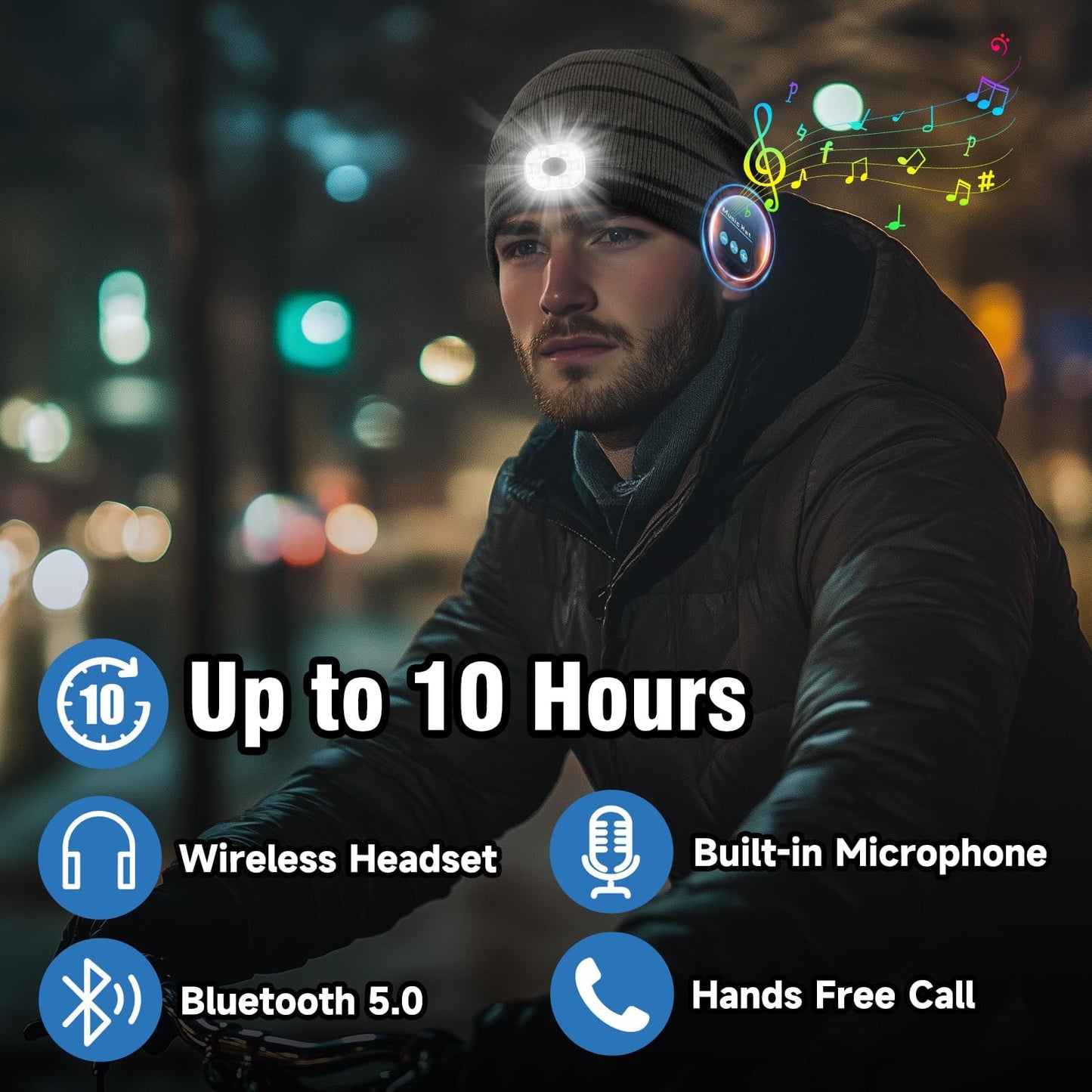 Rotibox Bluetooth Beanie with Light, Hat Wireless Headphone for Outdoor Sports Xmas Gifts Stocking Stuffers for Men, Women, Teens-Black/Drak Gray