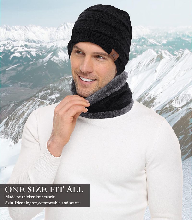 Mens Winter Beanie Hats Scarf Set Warm Knit Skull Cap Neck Warmer with Fleece Lined Winter Hat for Women Pure Black