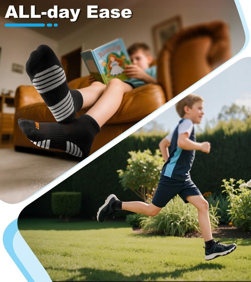 Bigant Kids Ankle Socks Cushioned Athletic Quarter Socks for Boys Girls Youth School Sports Seamless Toe Arch Support 6 Pairs (Black,X-Large)