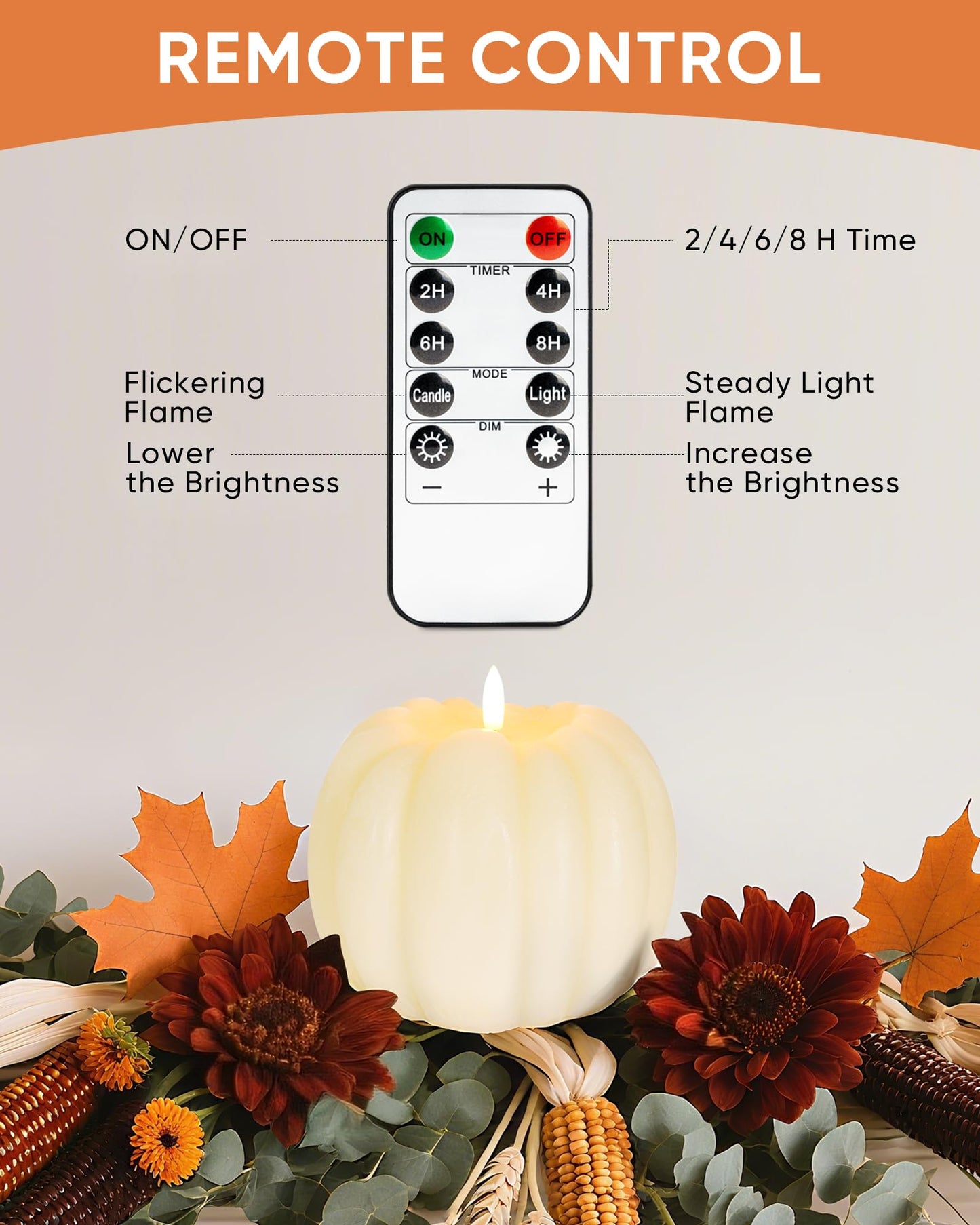 Homemory Fall Pumpkin Candles, Halloween Decorations for Home, Waxy Flameless Pumpkin Candle Flickering with Remote, Timer - Farmhouse Indoor Patio Porch Fall Decor