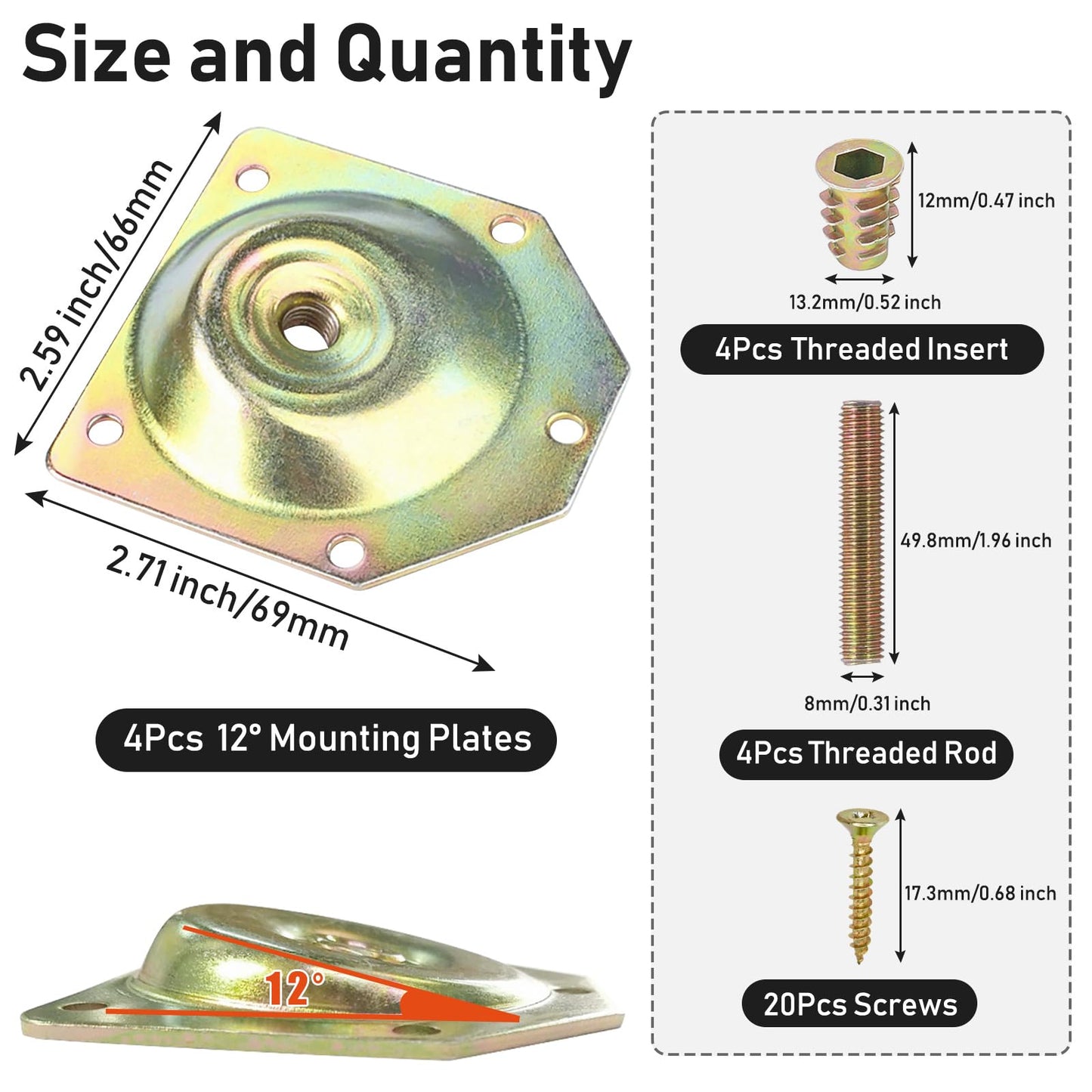 HUTLON Leg Mounting Plates, Furniture Leg Attachment Plates, 12 Degree Angled Metal Table Leg Mounting Hardware, Furniture Leg Mounting Brackets Industrial Strength T-Plate, 4 Pack