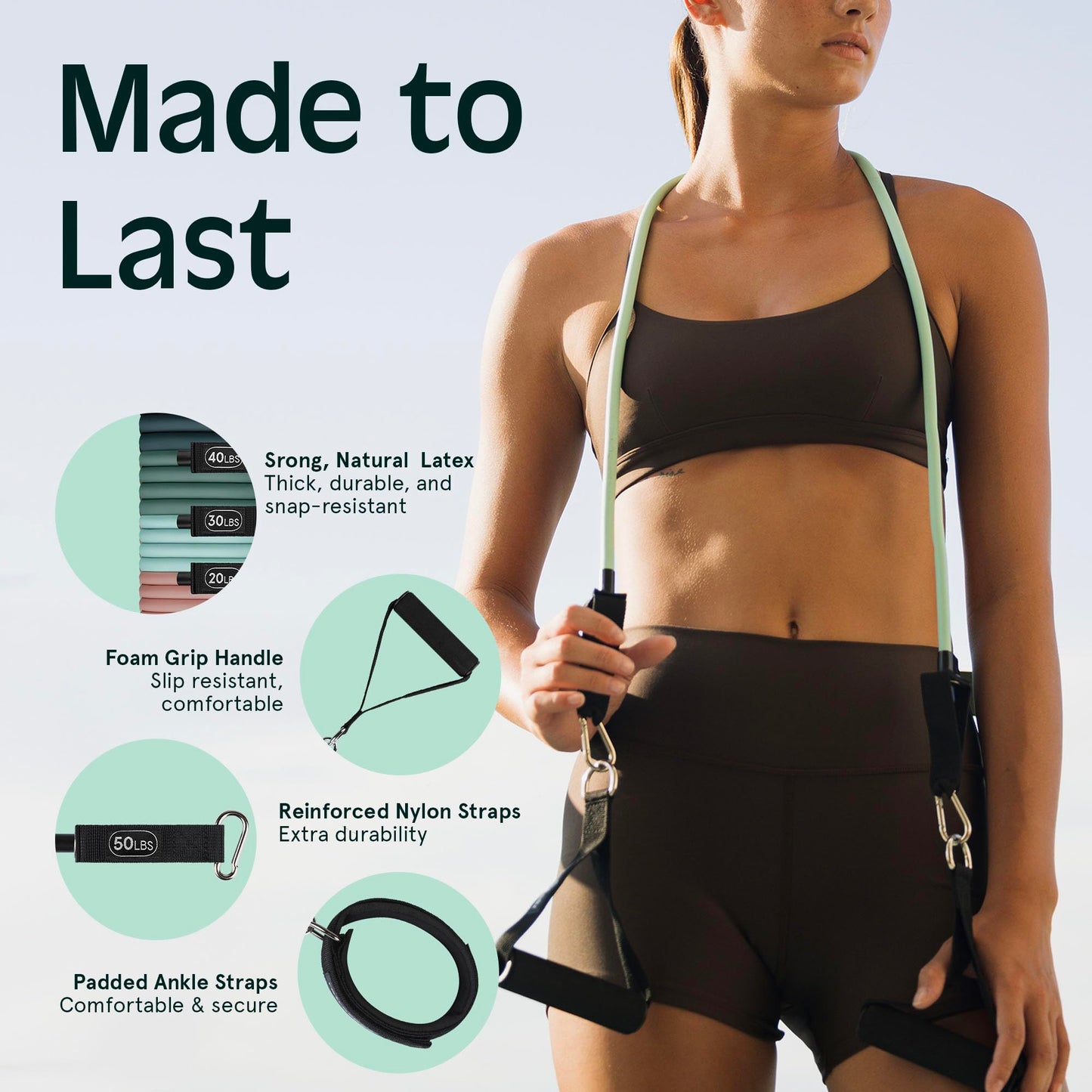 Retrospec Train Resistance Bands Set (5pc) Workout Bands w/Handles, Door Anchor, Carry Bag for Women & Men, Cactus