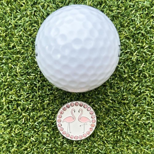 Giggle Golf Pink Plastic Divot Repair Tool with Metal Bling Flamingos Golf Ball Marker | Foldable Switchblade Divot Tool