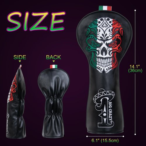Big Crazy Funny Golf Head Covers, Driver Headcover, Hybrid Fairway Woods Putter Cover, Golf Gift Accessories for Men, Day of The Dead Skull Skeleton Design