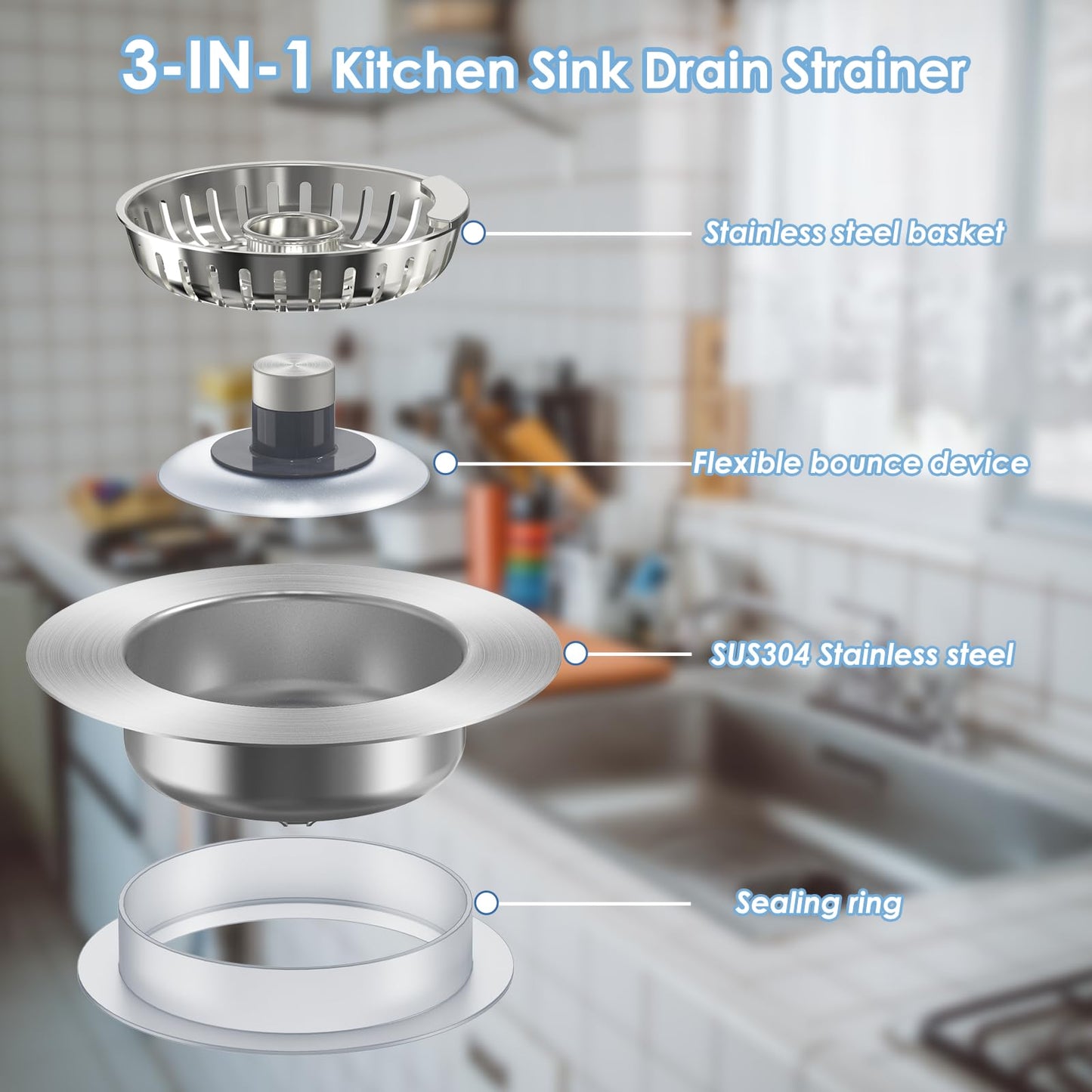 Semour 3 in 1 Kitchen Sink Drain Strainer, 304 Stainless Steel Kitchen Sink Stopper, Pop Up Kitchen Sink Strainer, Fast Drainage Anti-Clogging Sink Plug for US Standard 3-1/2 Inch Drain