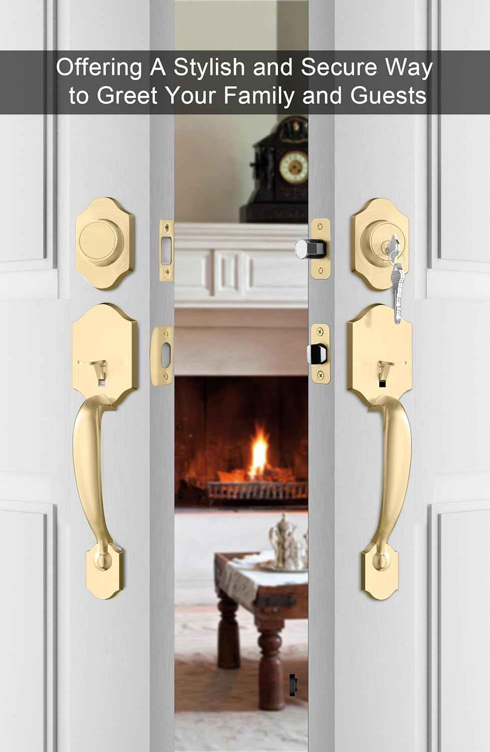 Gold Front Door Handle & Deadbolt Set - Reversible Lever Lock Hardware