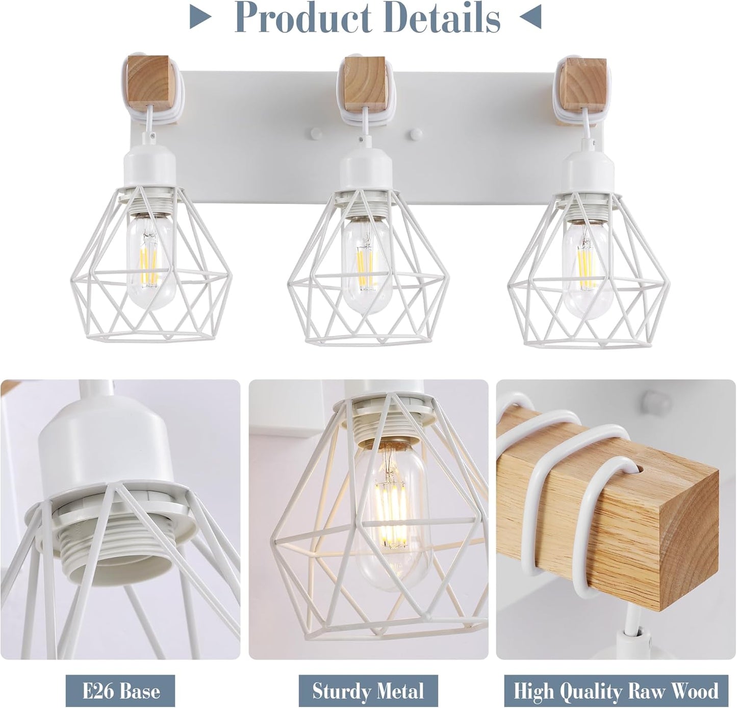 Farmhouse 3-Light Bathroom Vanity Light Fixture - Rustic White Wood Sconces for Mirror