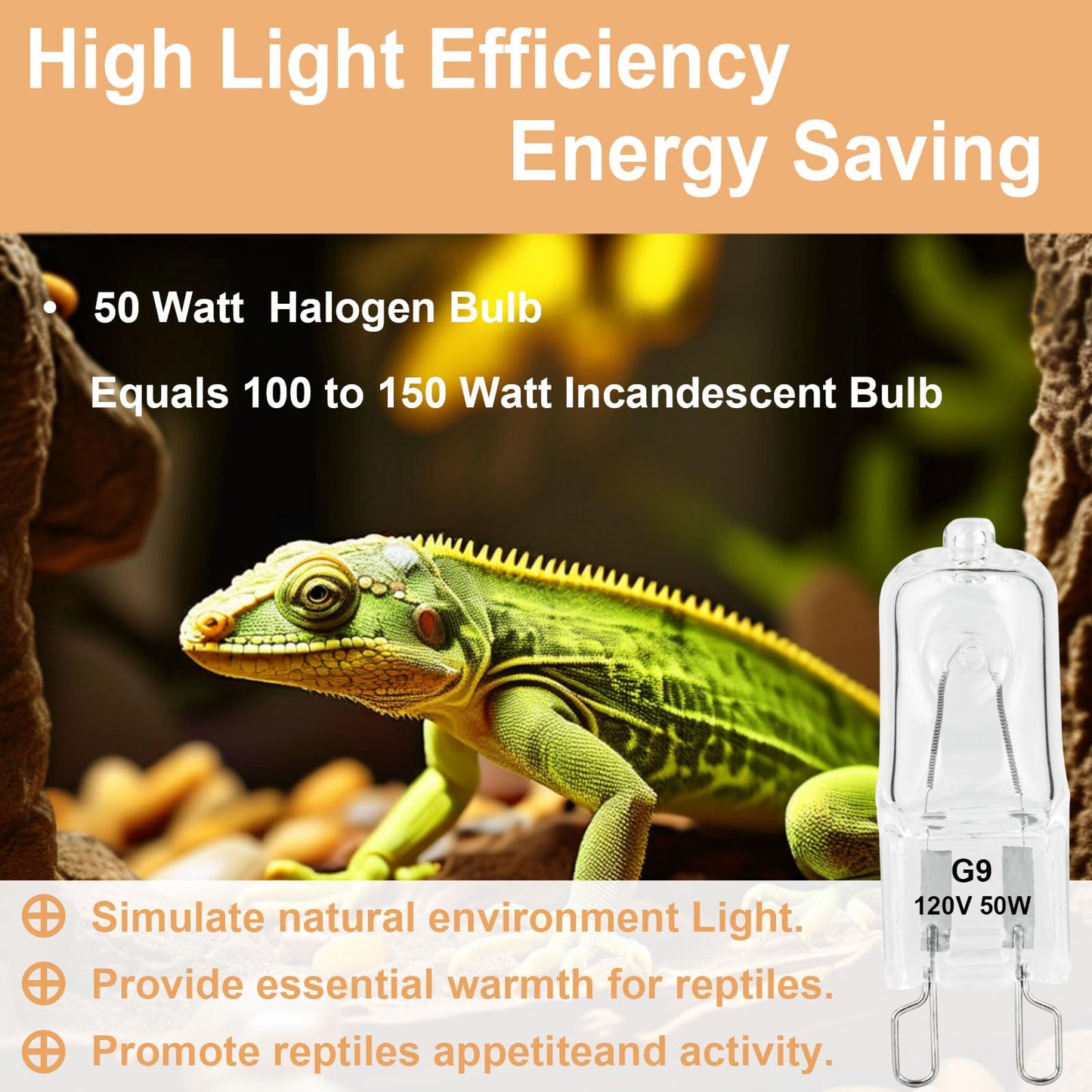 G9 Heat Lamp Bulbs for Reptile,Day White, Mini Halogen Bulb 50W, Infrared Reptile Heat Lamp for Bearded Dragon Gecko Turtle Lizard, Pack of 3