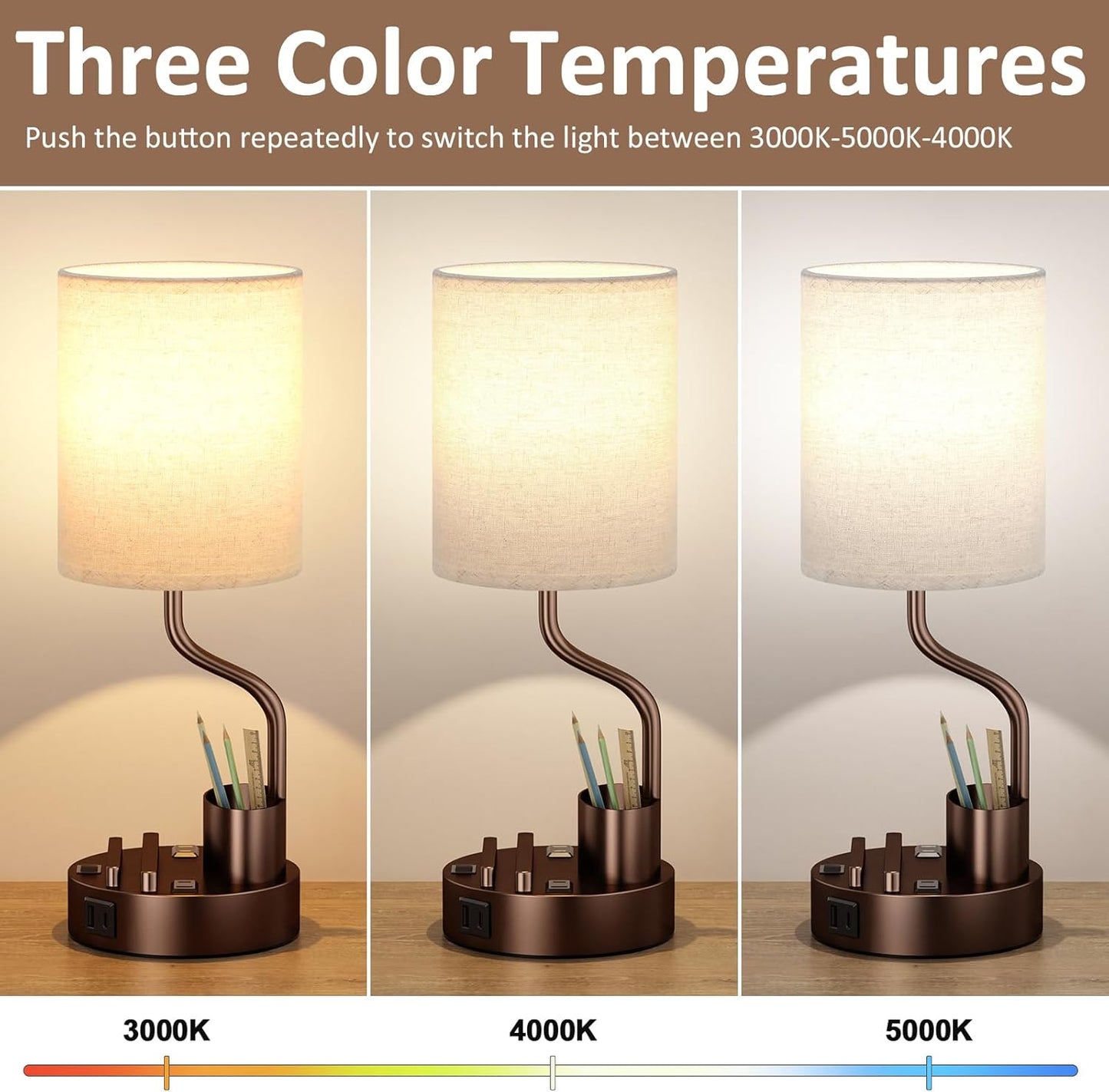 Set of 2 Bedside Table Lamps with USB & AC Outlet - 3 Color Temperatures, Desk Light & Phone Stand for Bedroom, Living Room, Office