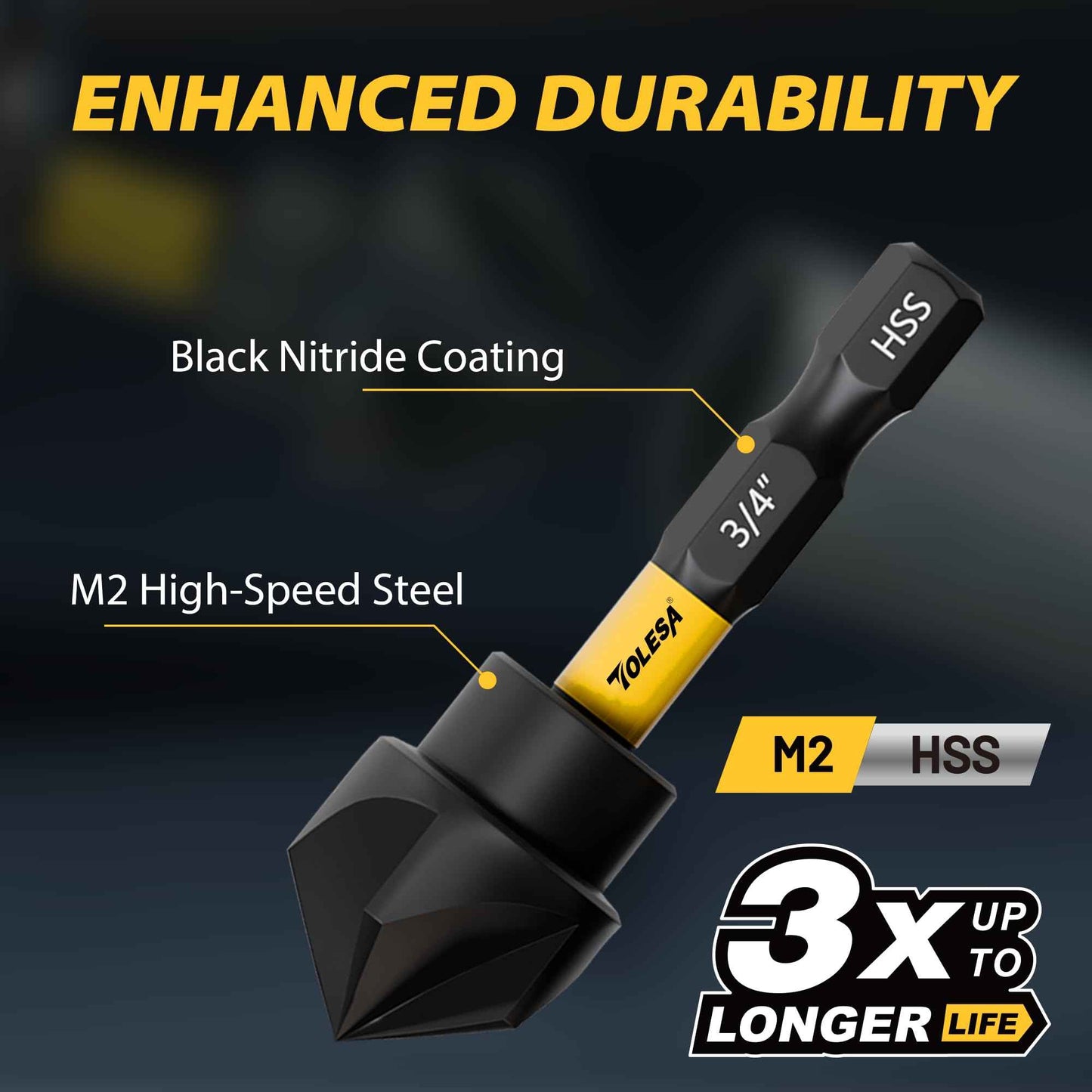 TOLESA 5PCS Countersink Drill Bit Set with 82 Degree 5 Flutes Design, Nitride Coating HSS 1/4" Hex Shank Counter Sink Drill Bit for Wood, Metal, Plastic in Size 1/4” 3/8” 1/2” 5/8” 3/4”