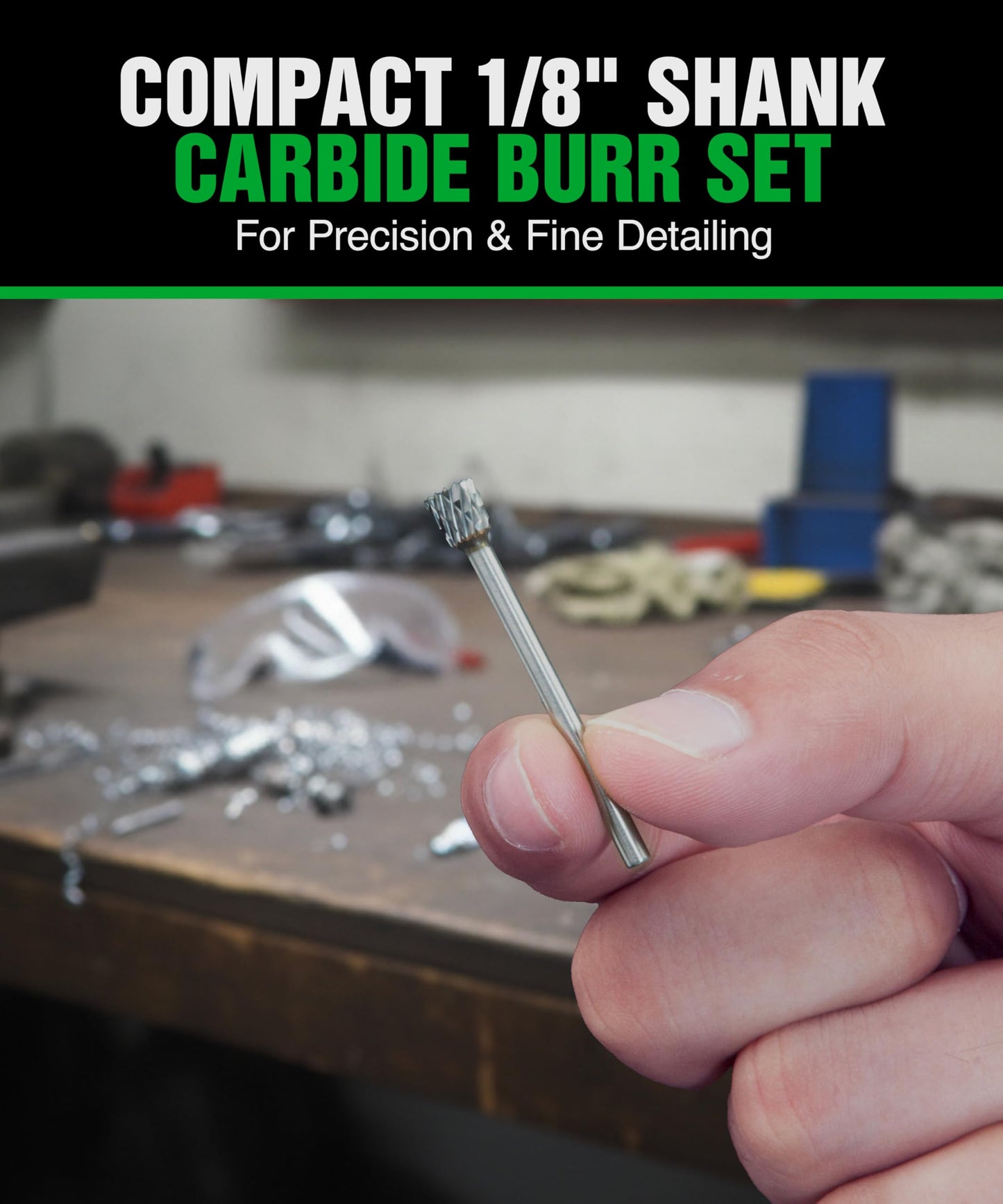 1/8" Carbide Burr Set – 10 Pcs Double Cut Die Grinder Bits for Milling, Carving, Engraving, Drilling Wood & Metals – YG-8x Carbide Drill Bit Set for Rotary Tools & Die Grinders