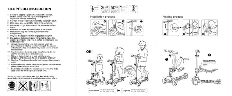Kicknroll Toddler Scooter for Kids with Seat, Foldable Scooter with 3 LED Light up Wheels and 4 Adjustable Height, Lean to Steer, Extra Wide Deck, 110 Lbs Capacity