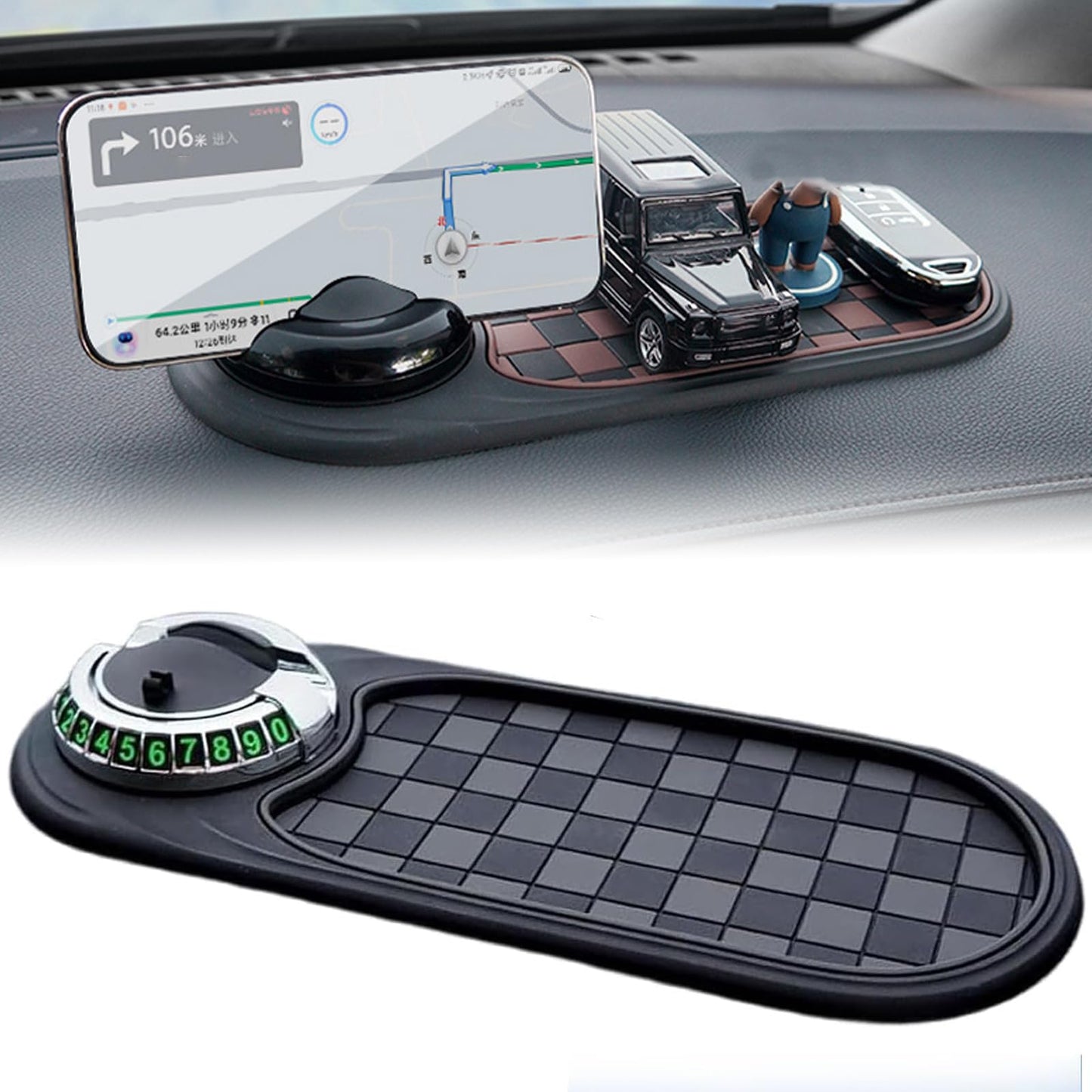 Multifunction Car Anti-Slip Mat, 2025 New Rotatable Anti Skid Car Dashboard Pad,Auto Phone Holder-Universal Non-Slip Car Mat, with Temporary Parking Numbe, for Phone Sunglasses Keys Gadgets (Silver)