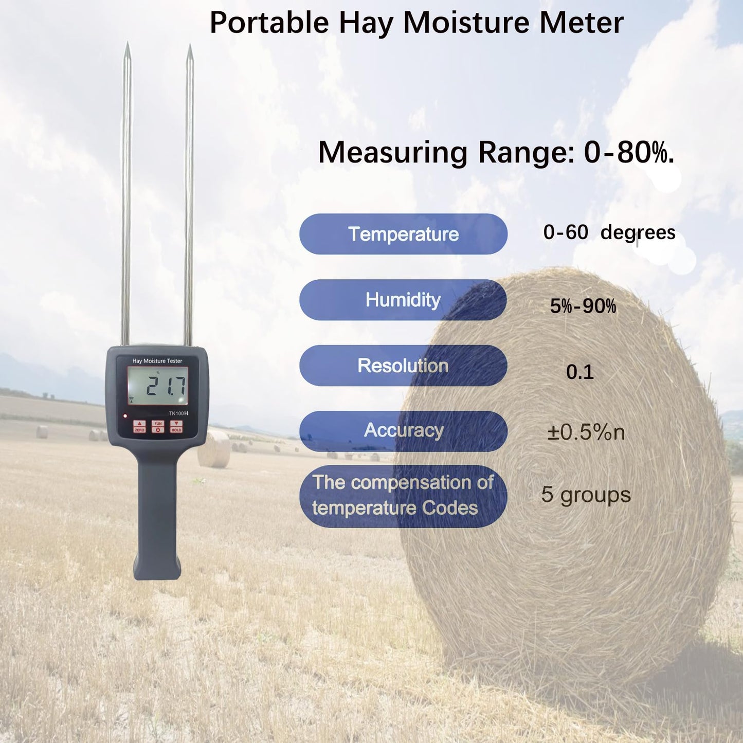 𝐔𝐩𝐠𝐫𝐚𝐝𝐞 TK100H Hay Moisture Tester Probe, Precision Hay Moisture Meter With Long Probe, Easy Measurement of Hay, Hay Moisture Meter, Preventing Spoilage And Mold, 5 Years Warranty
