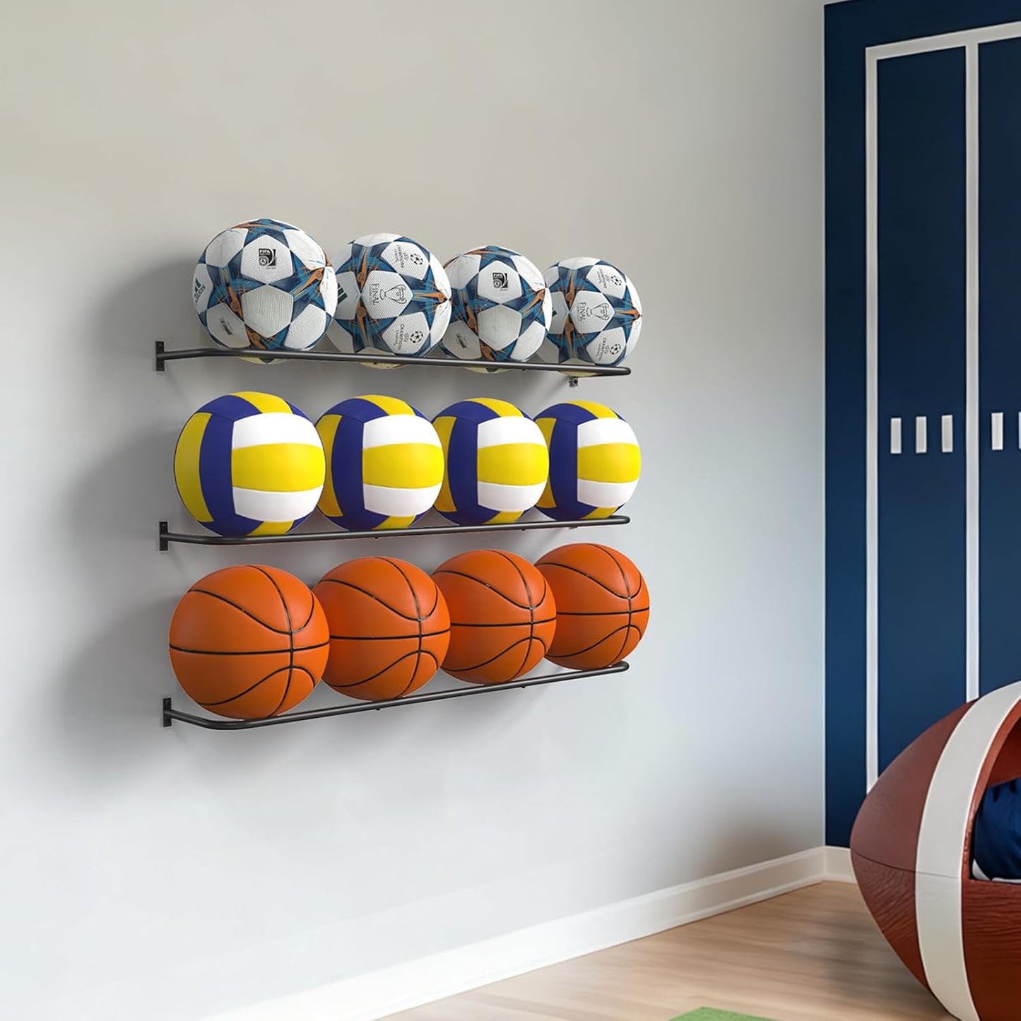 Wall Mount Ball Rack - Skiennix Garage Sports Equipment Organizer | 12-Ball Capacity, 3 Shelves